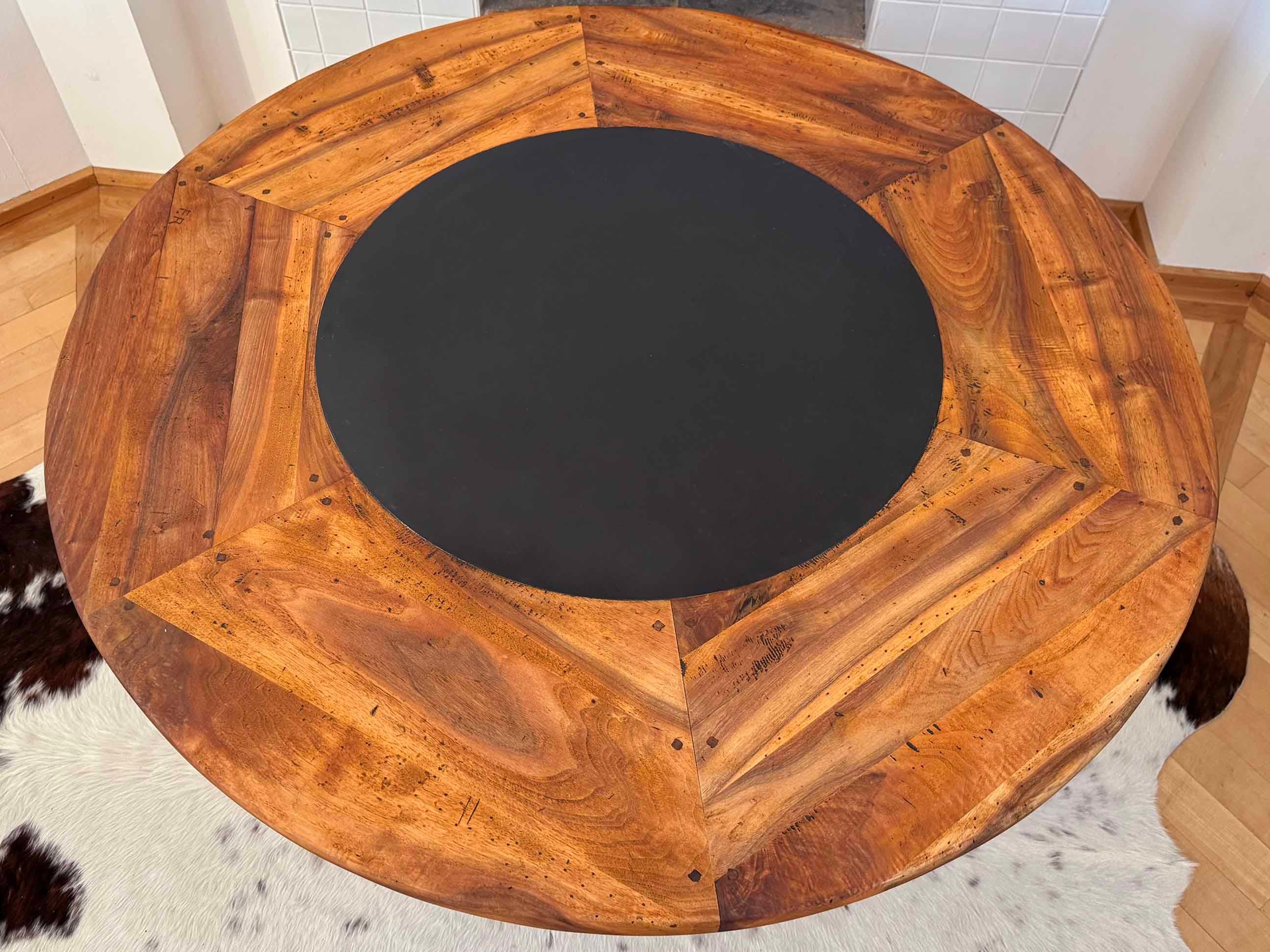 Brutalist 1970's French Primitive Round Dining Table, Wood W/ Solid Slate Inlay For Sale 5