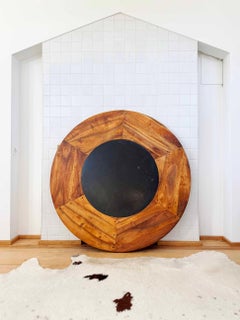 Brutalist 1970's French Primitive Round Dining Table, Wood W/ Solid Slate Inlay