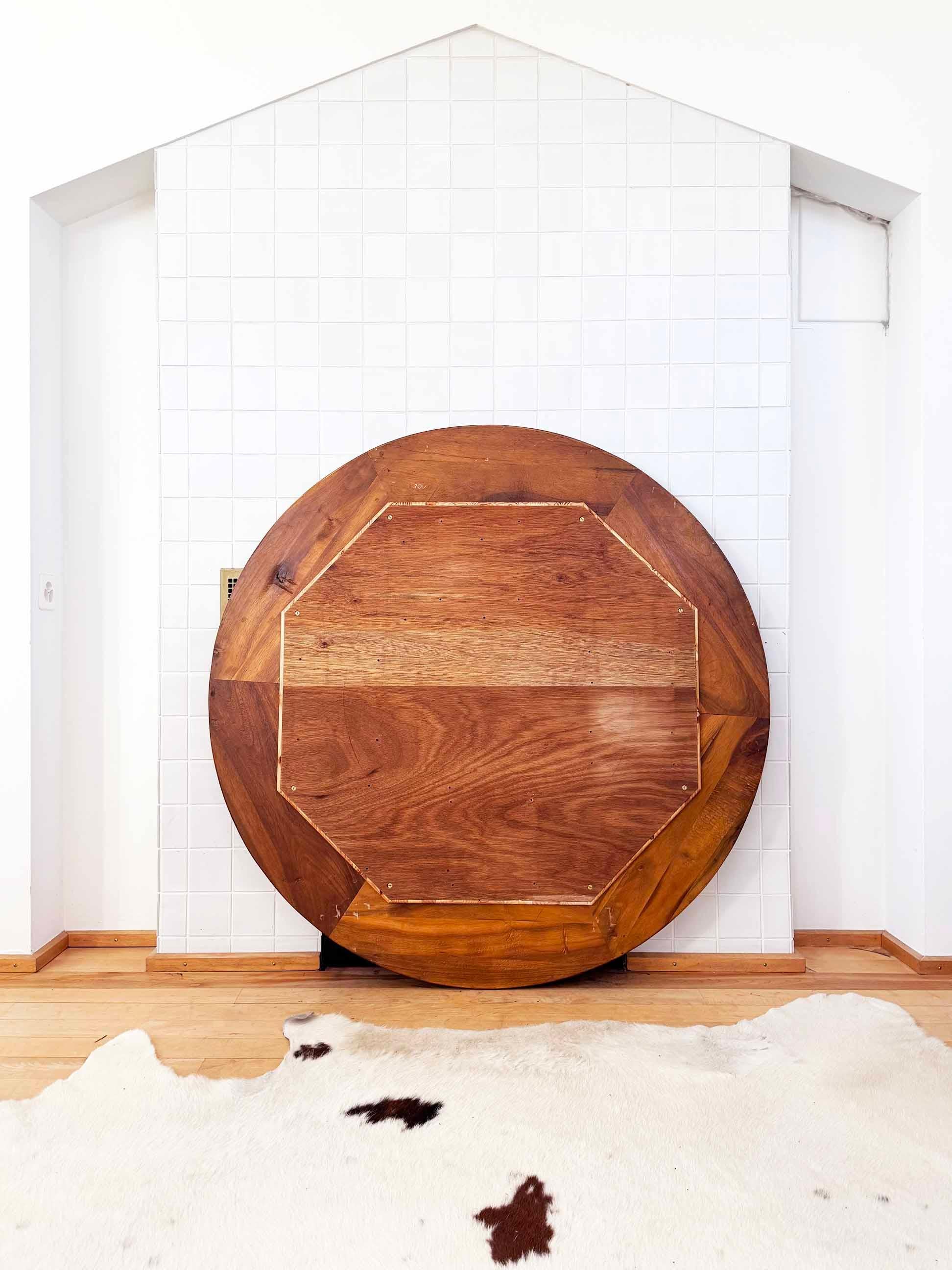 Brutalist 1970's French Primitive Round Dining Table, Wood W/ Solid Slate Inlay In Good Condition For Sale In Basel, BS