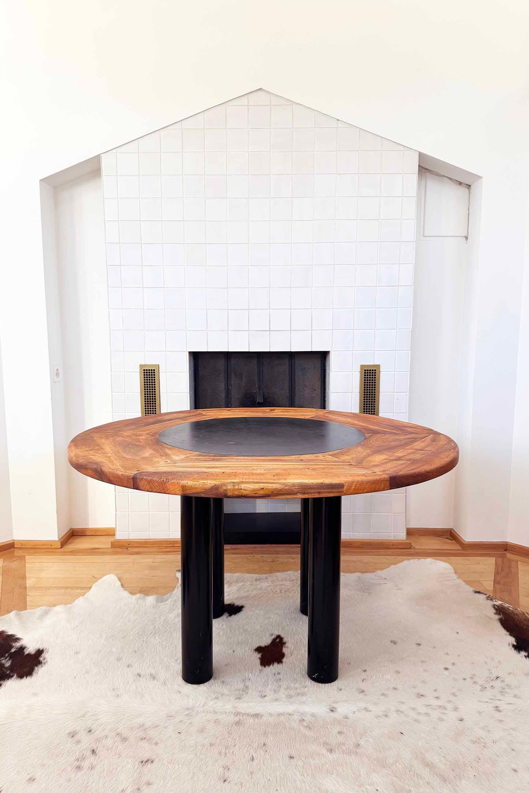 Late 20th Century Brutalist 1970's French Primitive Round Dining Table, Wood W/ Solid Slate Inlay For Sale