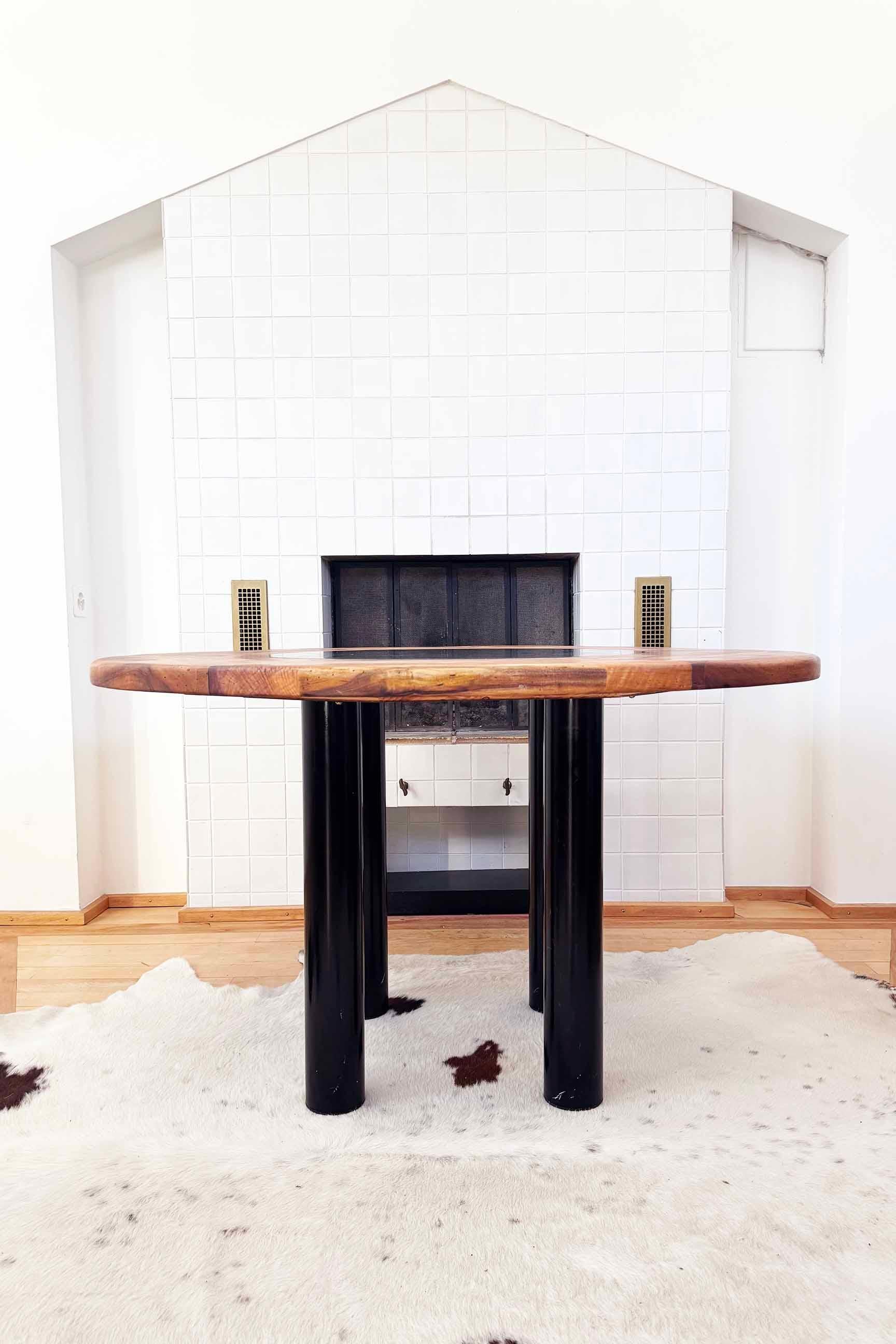 Oak Brutalist 1970's French Primitive Round Dining Table, Wood W/ Solid Slate Inlay For Sale