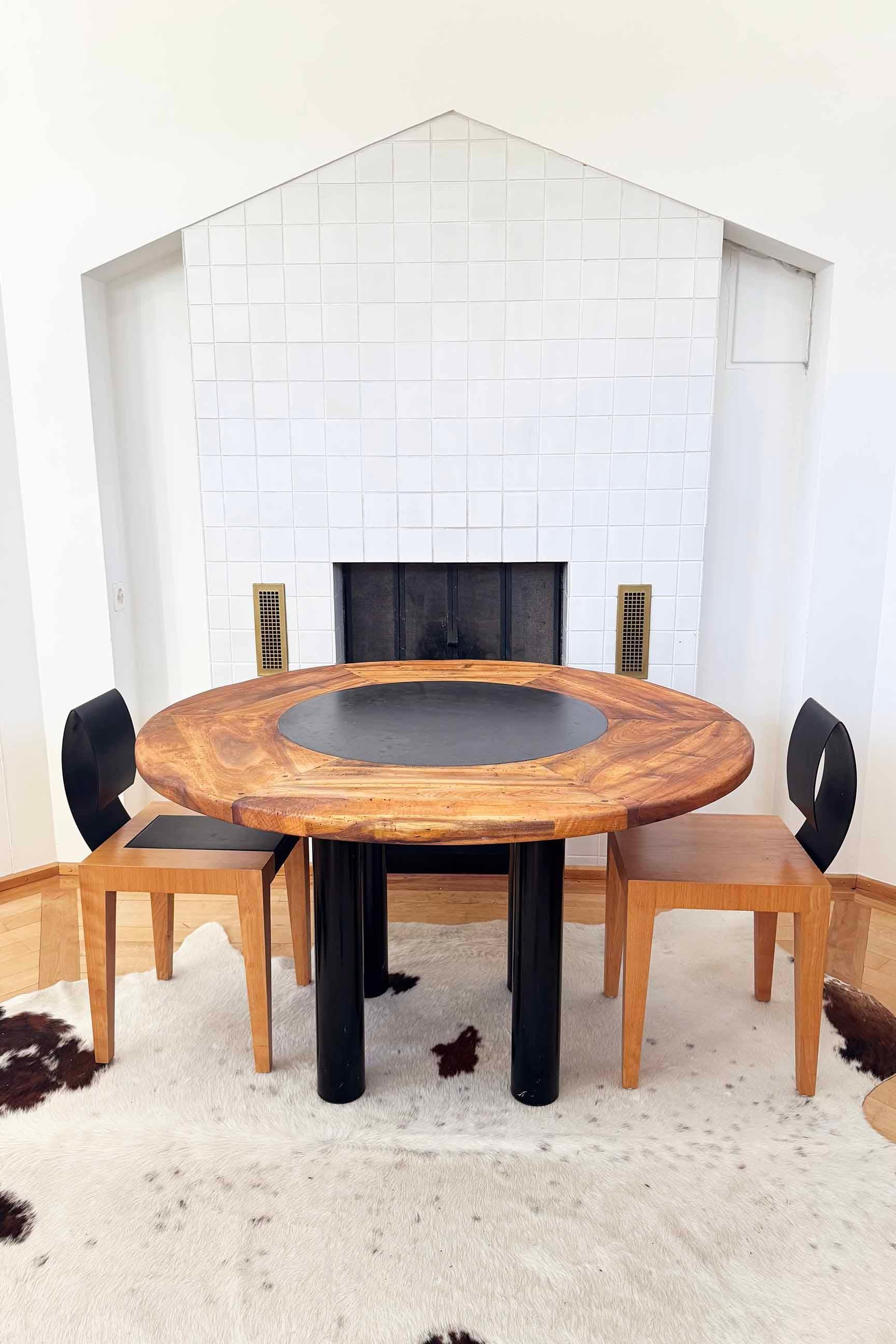 Brutalist 1970's French Primitive Round Dining Table, Wood W/ Solid Slate Inlay For Sale 1