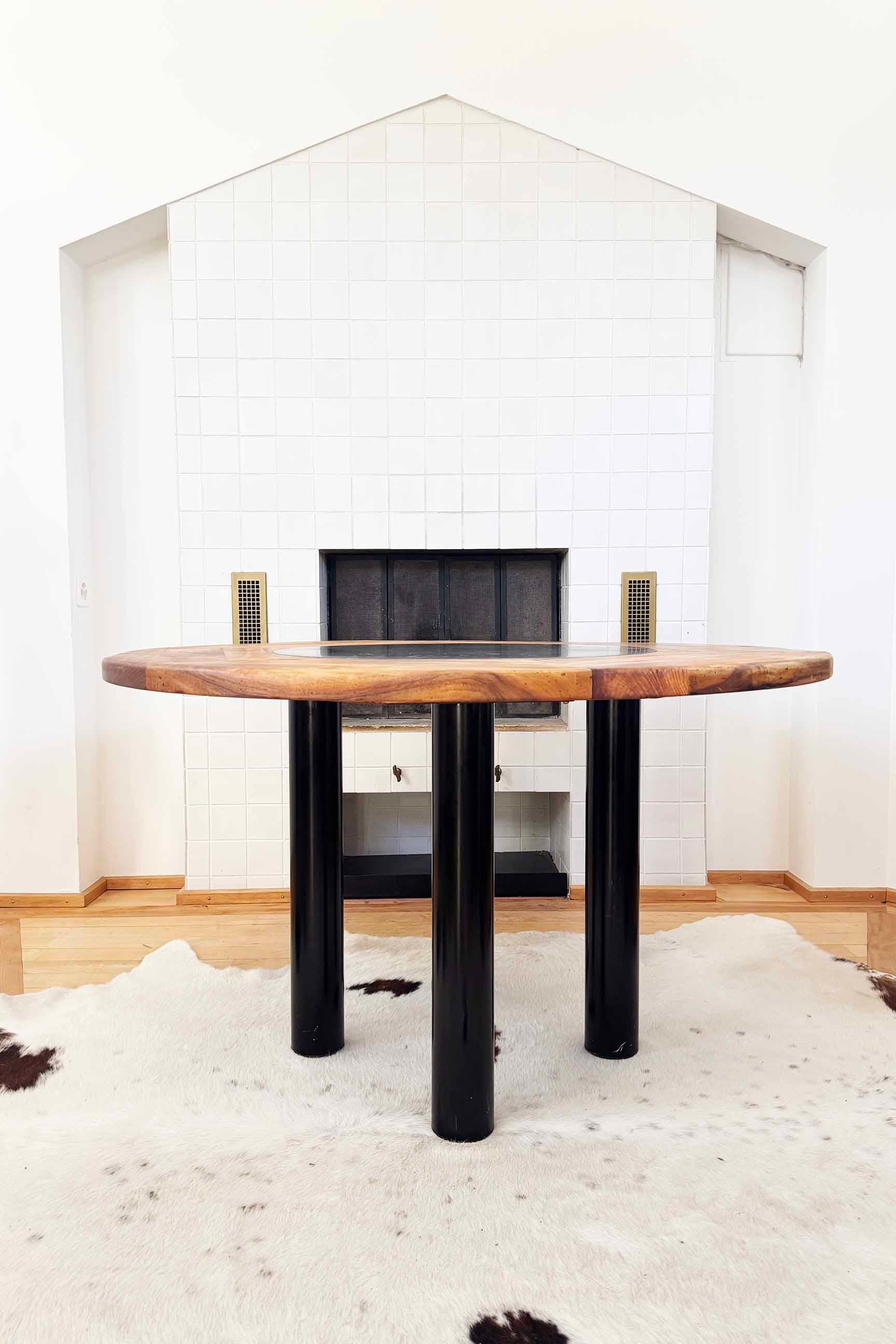 Brutalist 1970's French Primitive Round Dining Table, Wood W/ Solid Slate Inlay For Sale 3