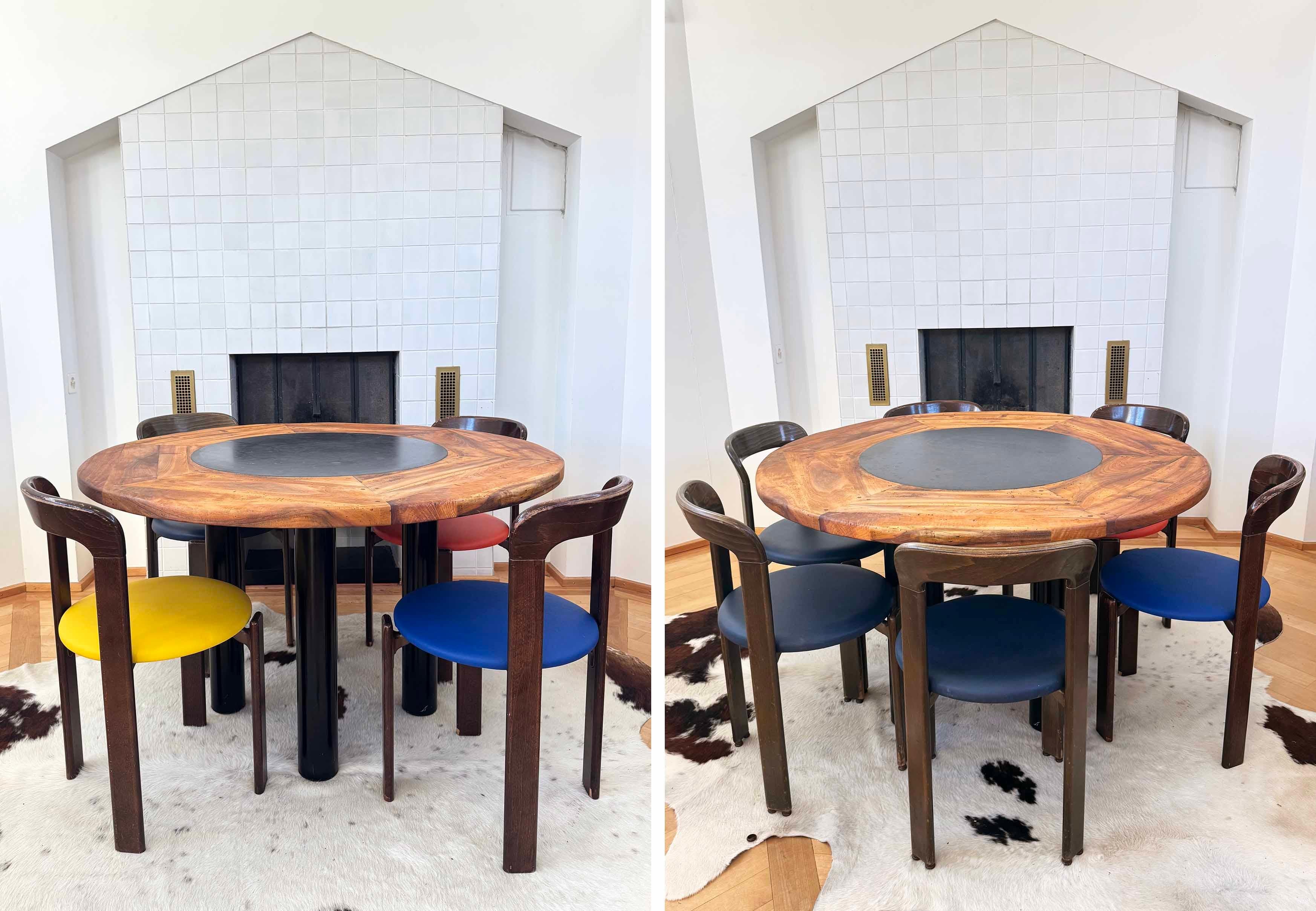 Brutalist 1970's French Primitive Round Dining Table, Wood W/ Solid Slate Inlay For Sale 4