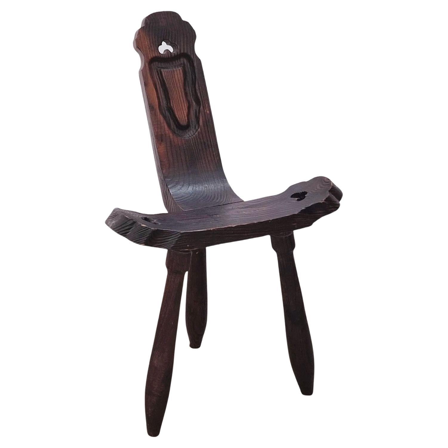 Brutalist 3 Leg Chair, Fireside Chair with Tripod Legs and Decorative Carving