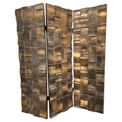 Brutalist 3-Panel Folding Screen or Room Divider, Sculpted Bronze Clad Resin