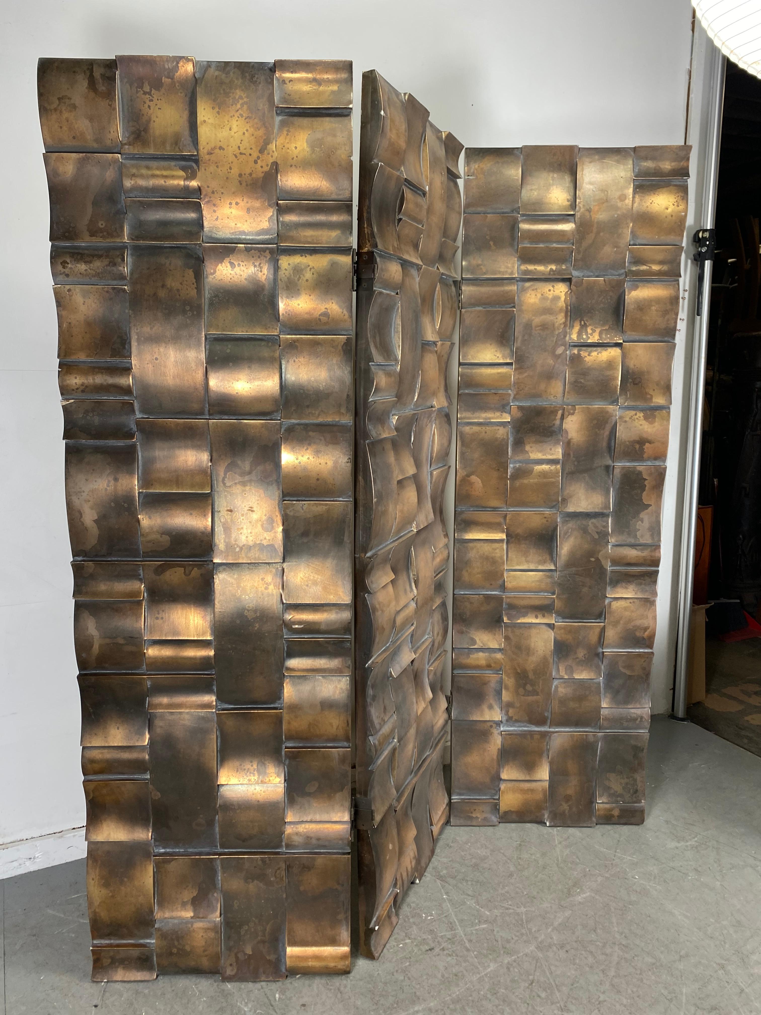 Brutalist 3-panel folding screen or room divider, sculpted bronze clad resin, striking design. Very dramatic,!! Amazing quality and construction, minor chipping and loss, each panel measures 76