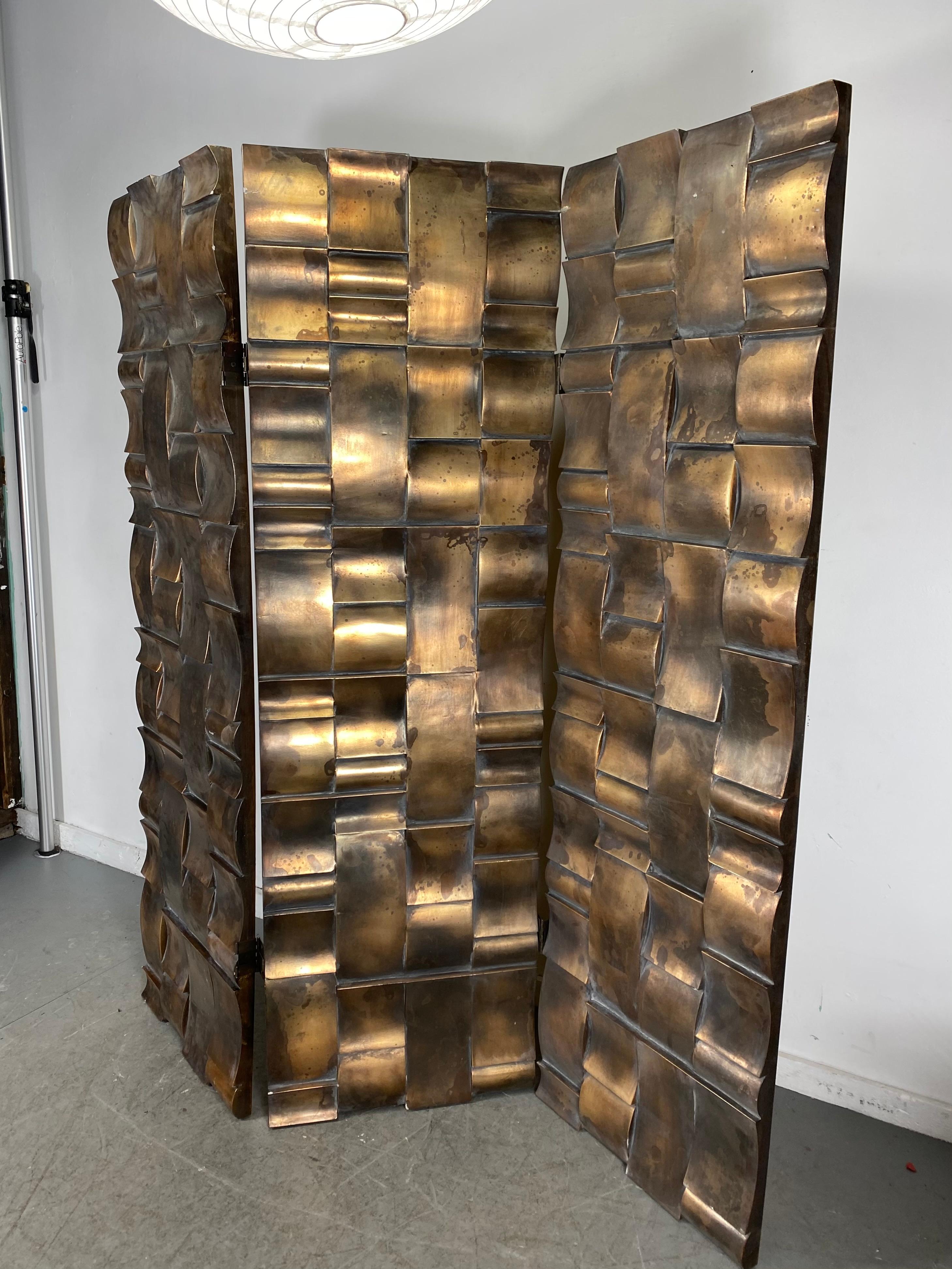 American Brutalist 3-Panel Folding Screen or Room Divider, Sculpted Bronze Clad Resin