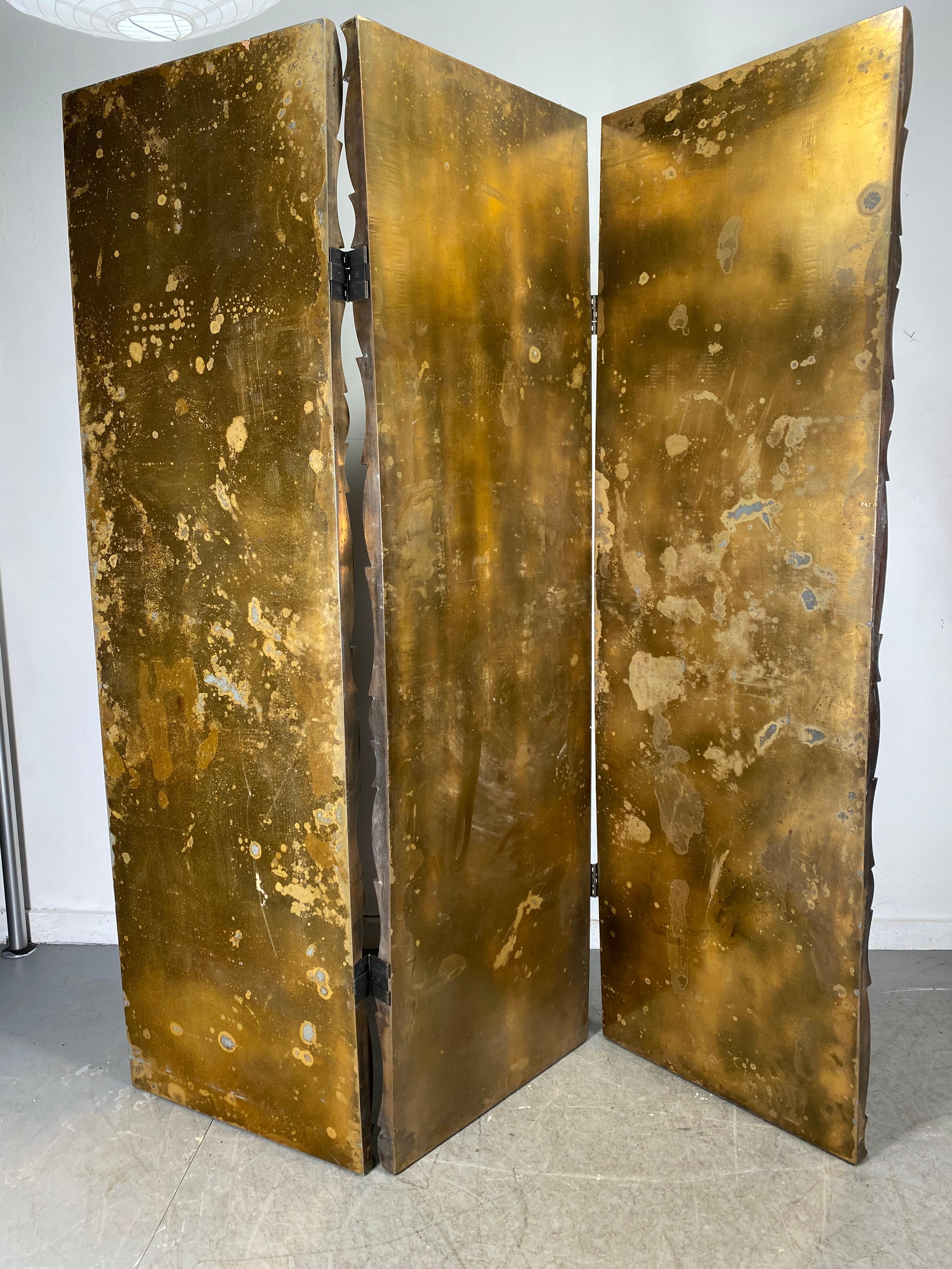 Late 20th Century Brutalist 3-Panel Folding Screen or Room Divider, Sculpted Bronze Clad Resin