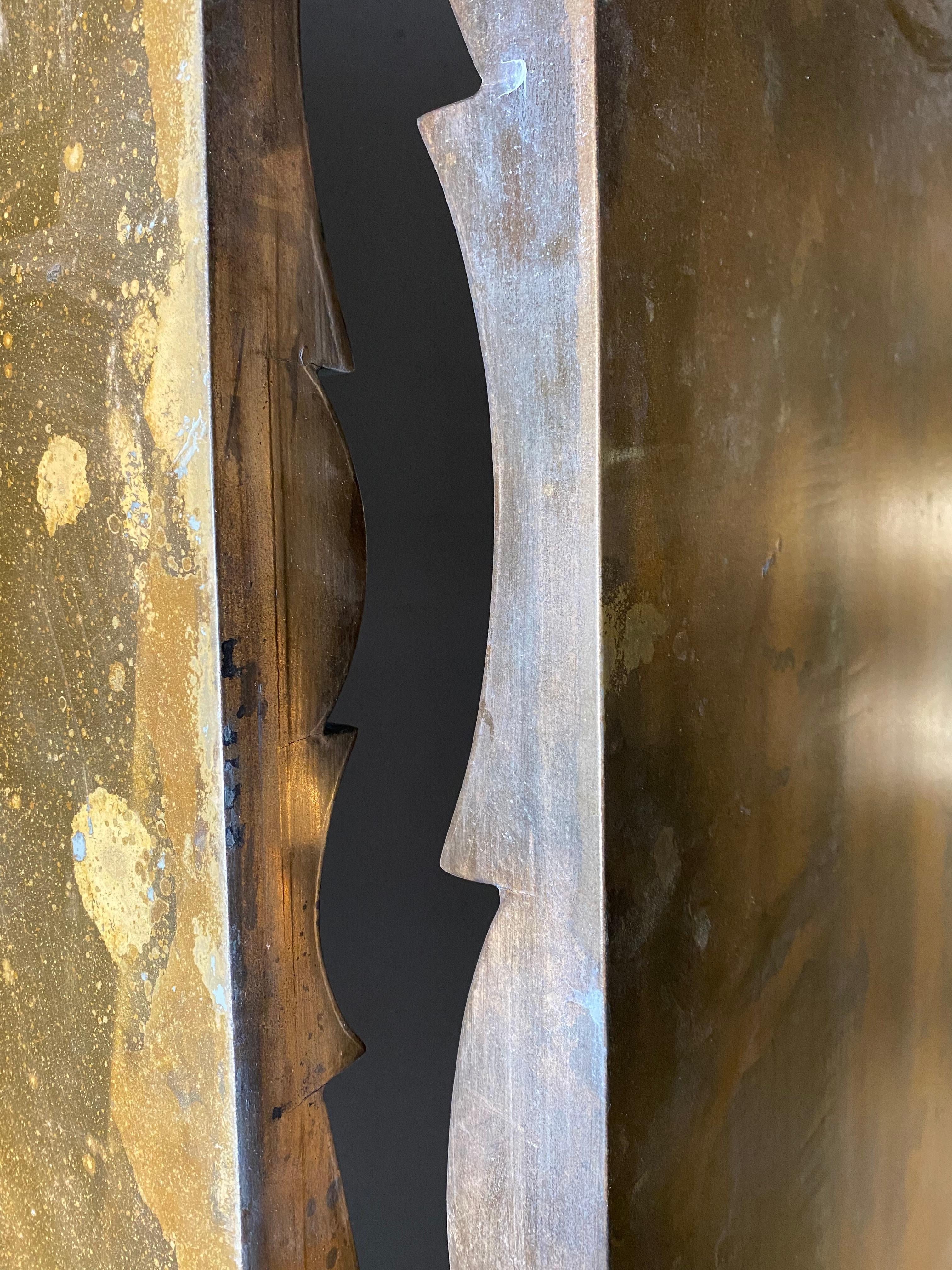 Metal Brutalist 3-Panel Folding Screen or Room Divider, Sculpted Bronze Clad Resin