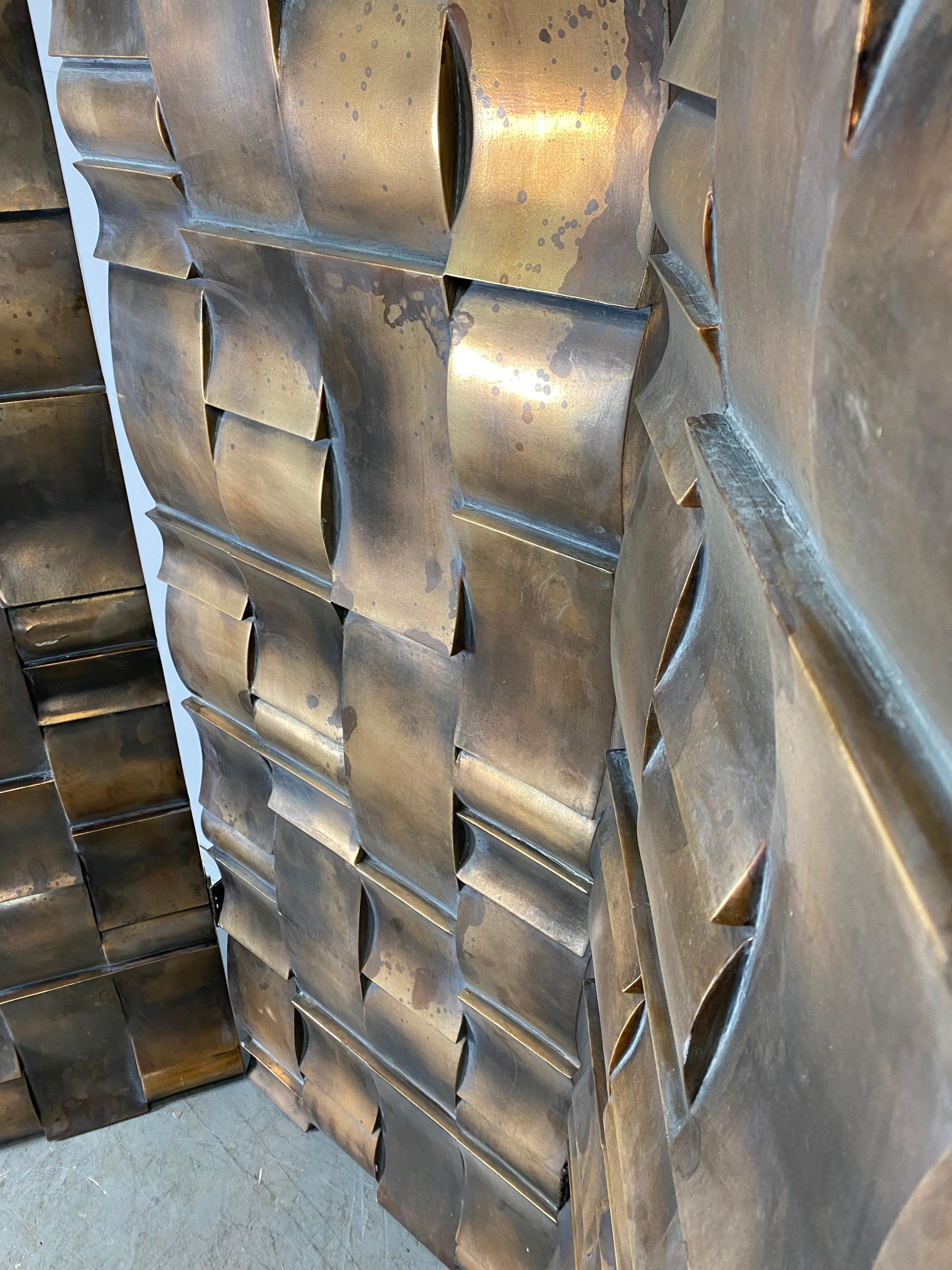 Brutalist 3-Panel Folding Screen or Room Divider, Sculpted Bronze Clad Resin 1