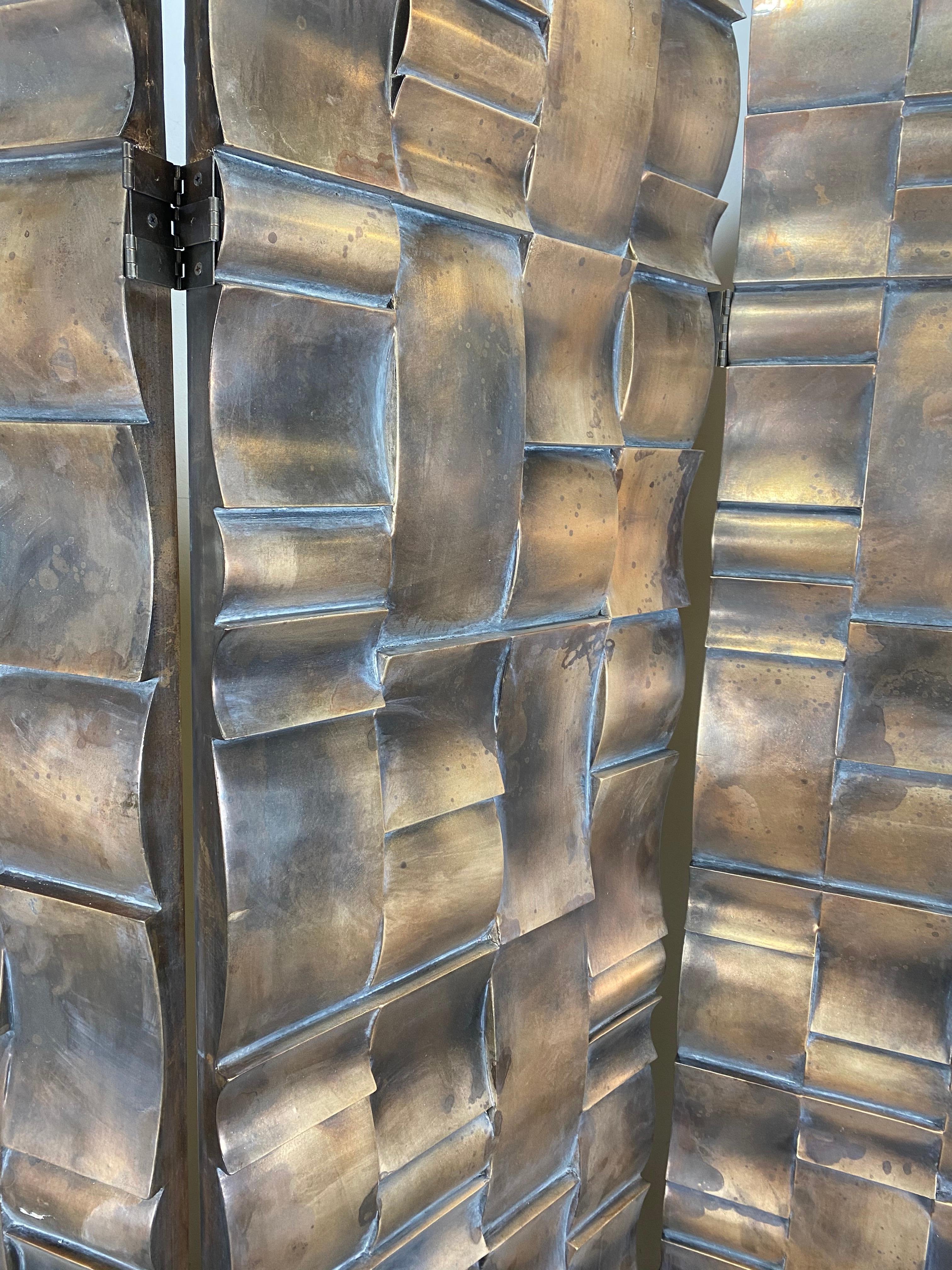 Brutalist 3-Panel Folding Screen or Room Divider, Sculpted Bronze Clad Resin 2
