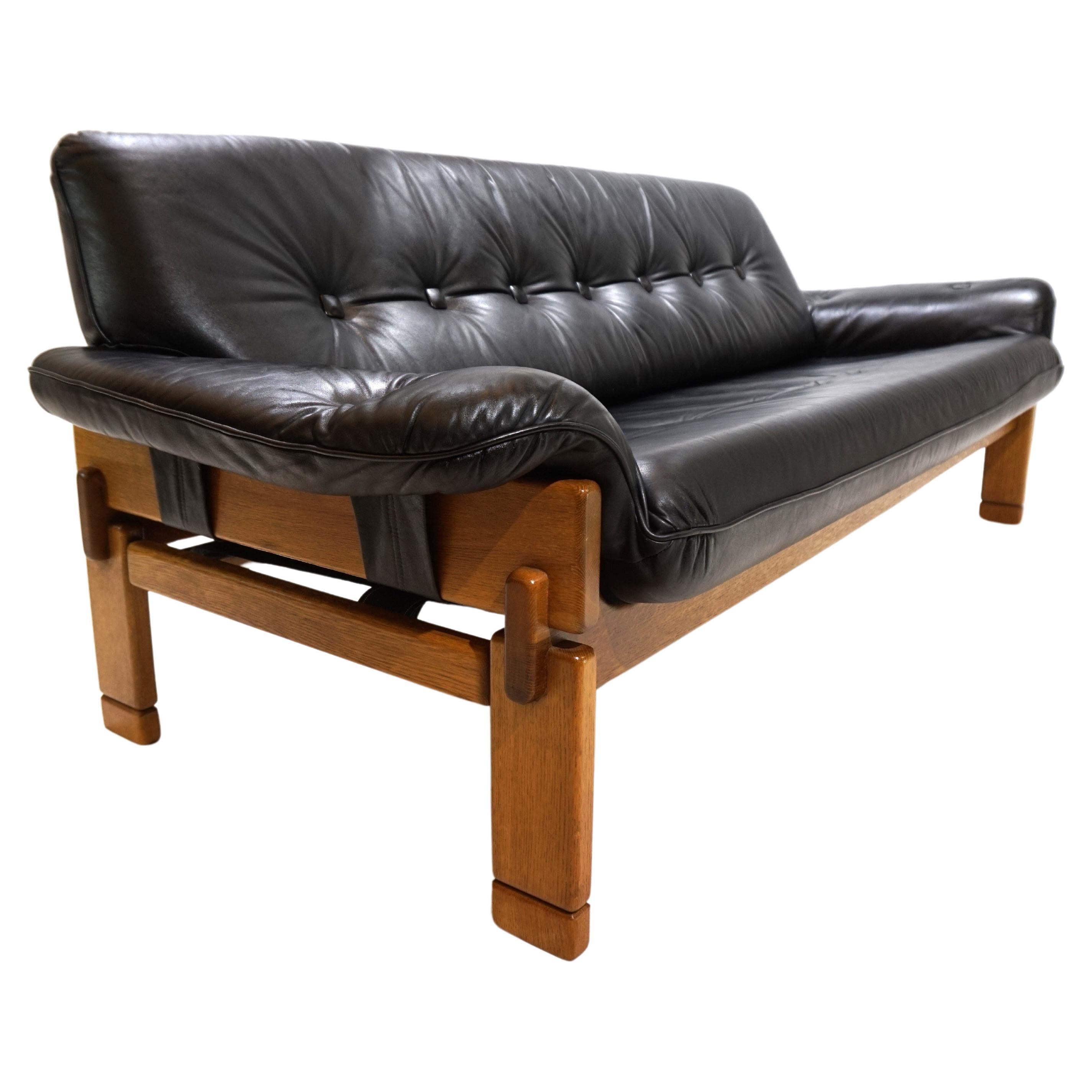 Brutalist 3 seater sofa leather and oak, 1960