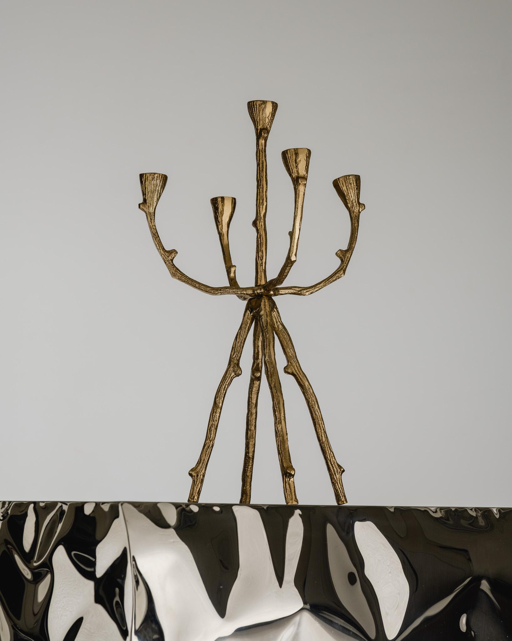 European Brutalist 5-Light Gilded Metal Chandelier, 1970s For Sale