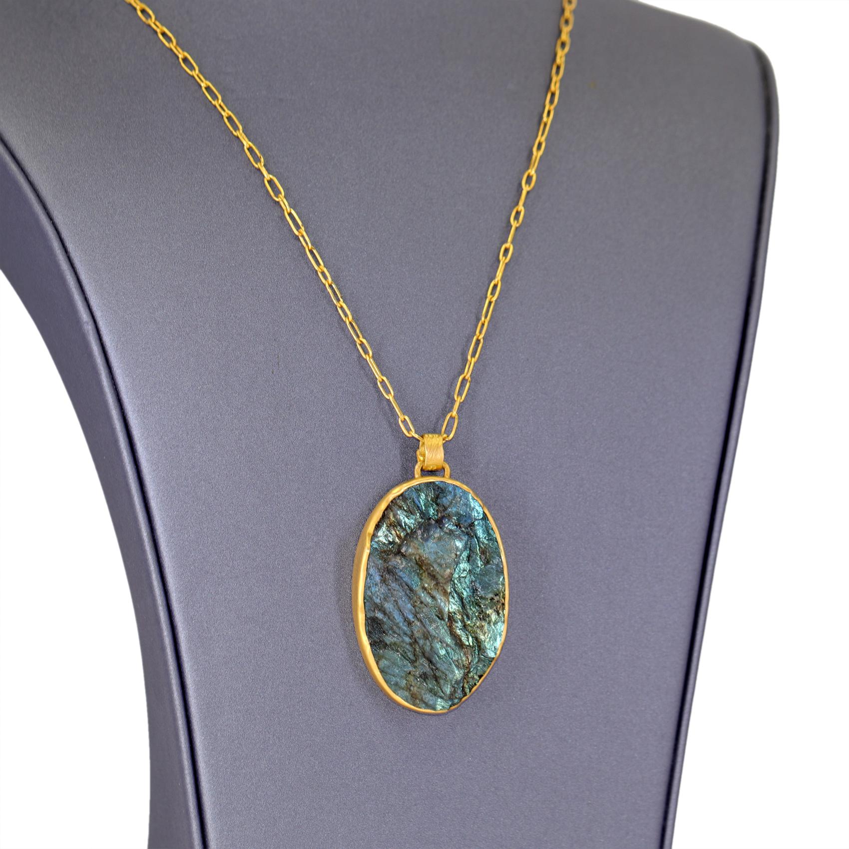 Artist Brutalist 94.6 carat Labradorite Handmade Gold Chain Necklace, Lola Brooks 2023