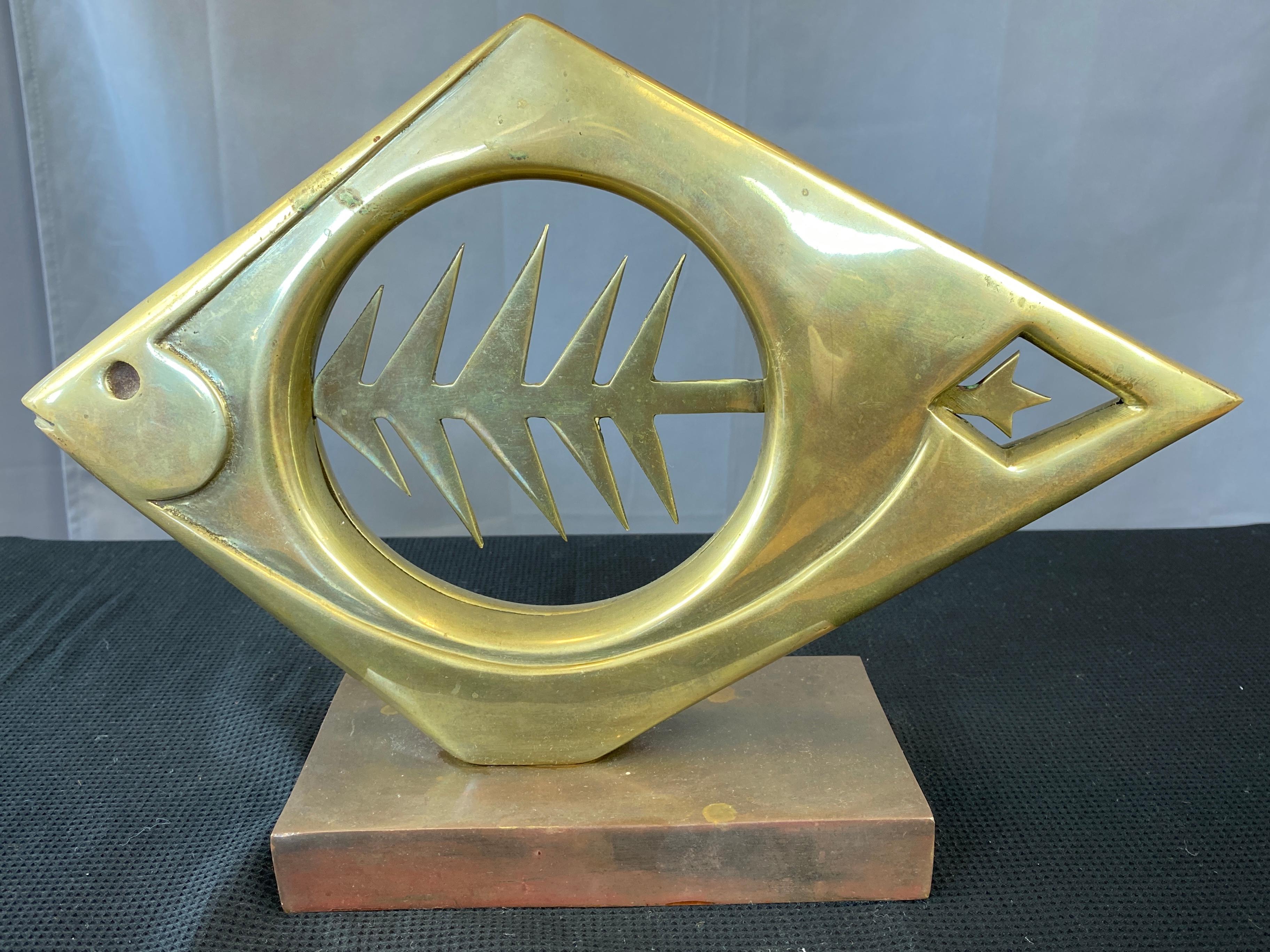 American Brutalist Abstract Brass Fish by Dolbi Cashier, circa 1980s