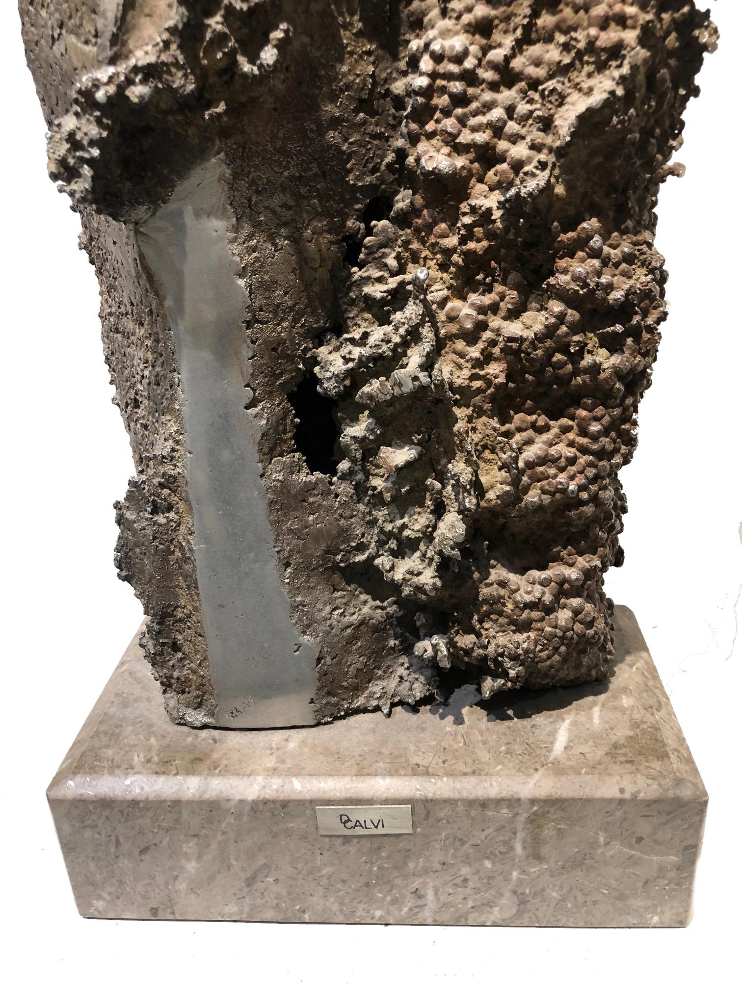 American Brutalist Abstract Cast Aluminum& Marble Sculpture by D. Calvi, ca. 1970’s For Sale