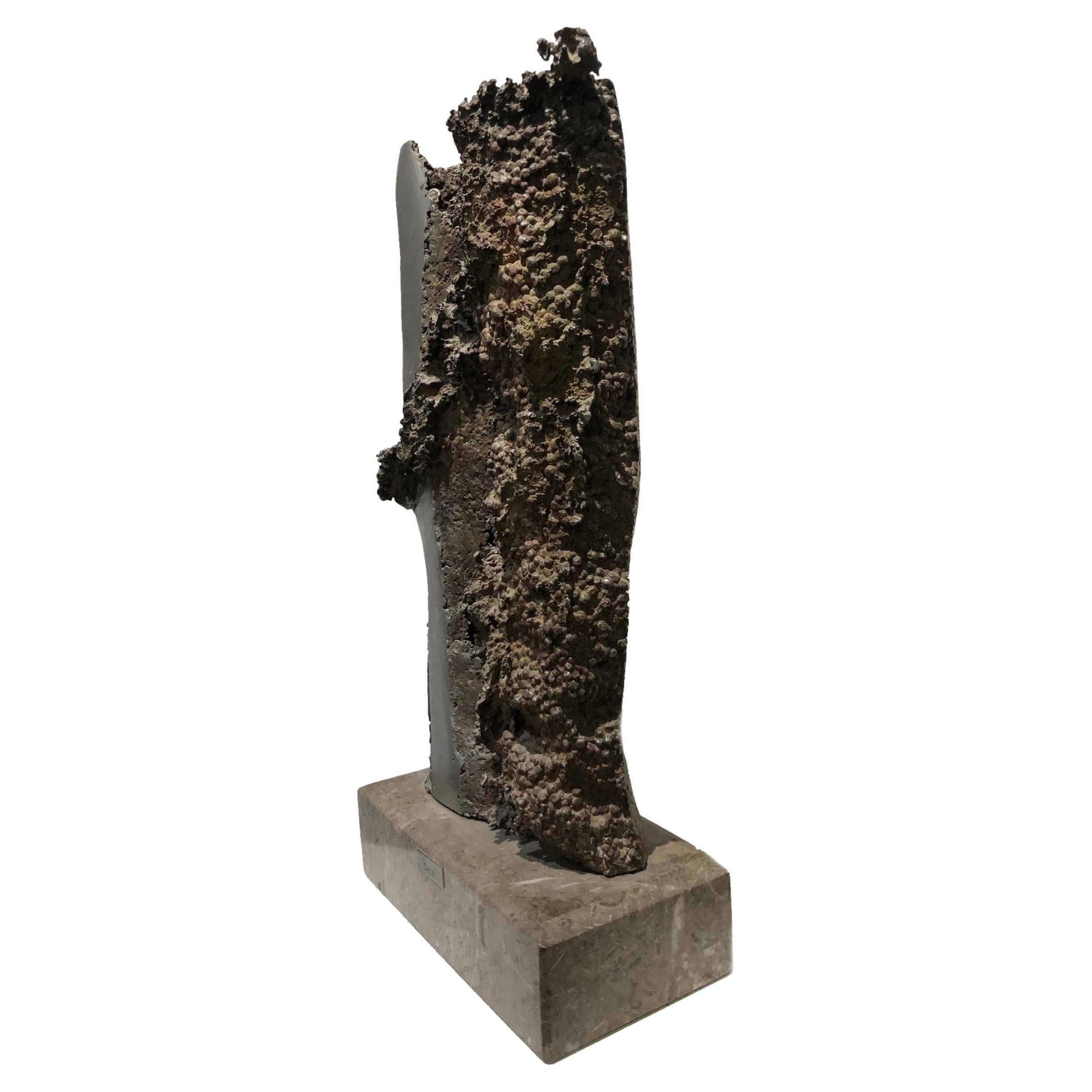 Brutalist Abstract Cast Aluminum& Marble Sculpture by D. Calvi, ca. 1970’s For Sale