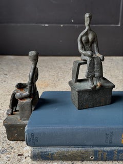 Brutalist abstract coated bronze seated woman and man bookends