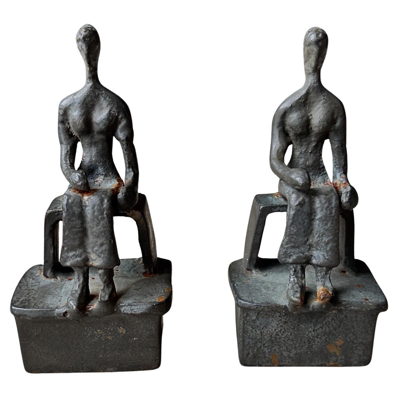 Brutalist abstract coated bronze seated woman and man bookends