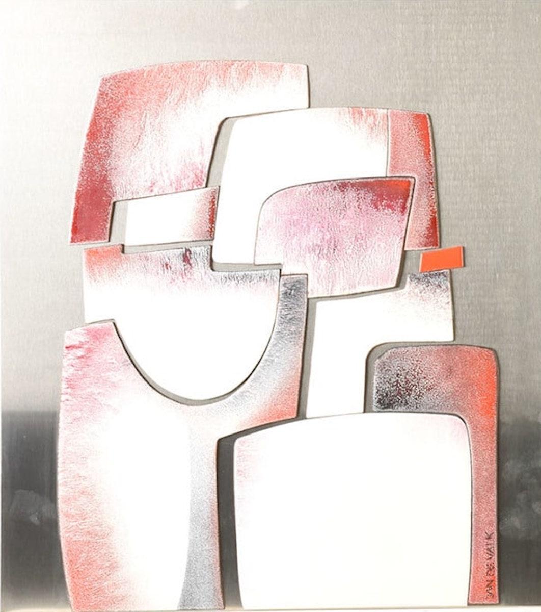 Modernist enamel plaque with an abstract design in white and reds on a stainless steel background. This wall hanging sculpture is signed on front and labeled verso. The composition of rounded shapes, visually stacked on top of each other, are in