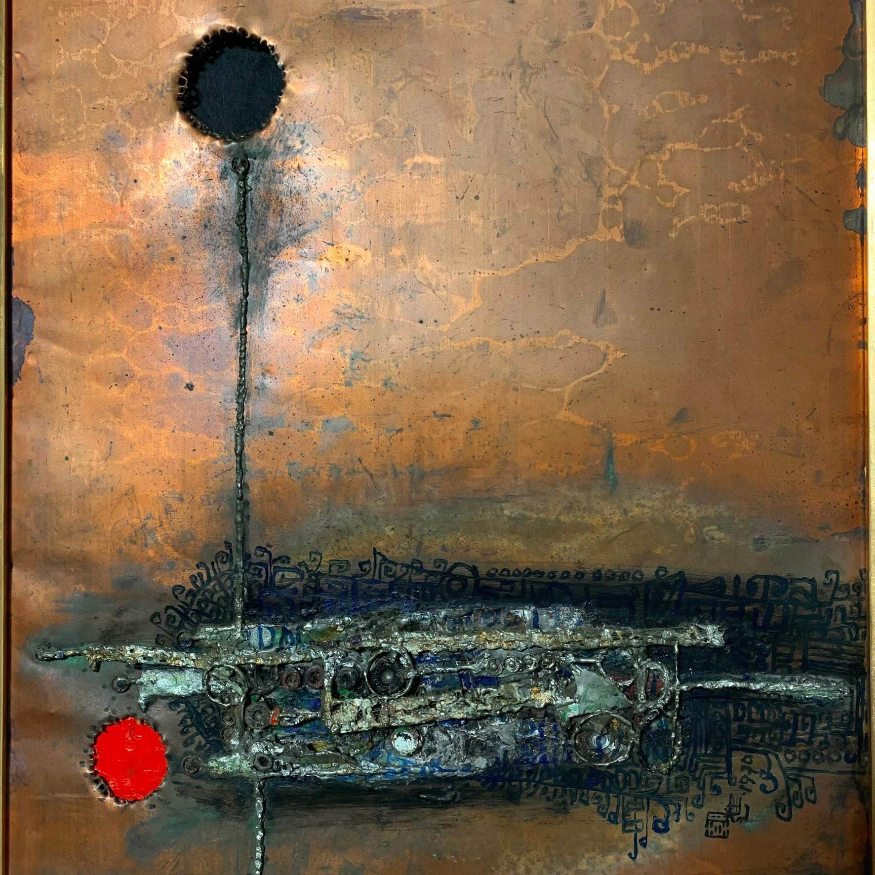 Sculptural abstract construction on copper panel, by the noted midcentury Asian artist Lee Chau-Chin (b. 1941, Taiwan, alternate spelling Li Chao-Jin) and dated 1970. It features an assemblage of soldered metal findings with pierced and painted