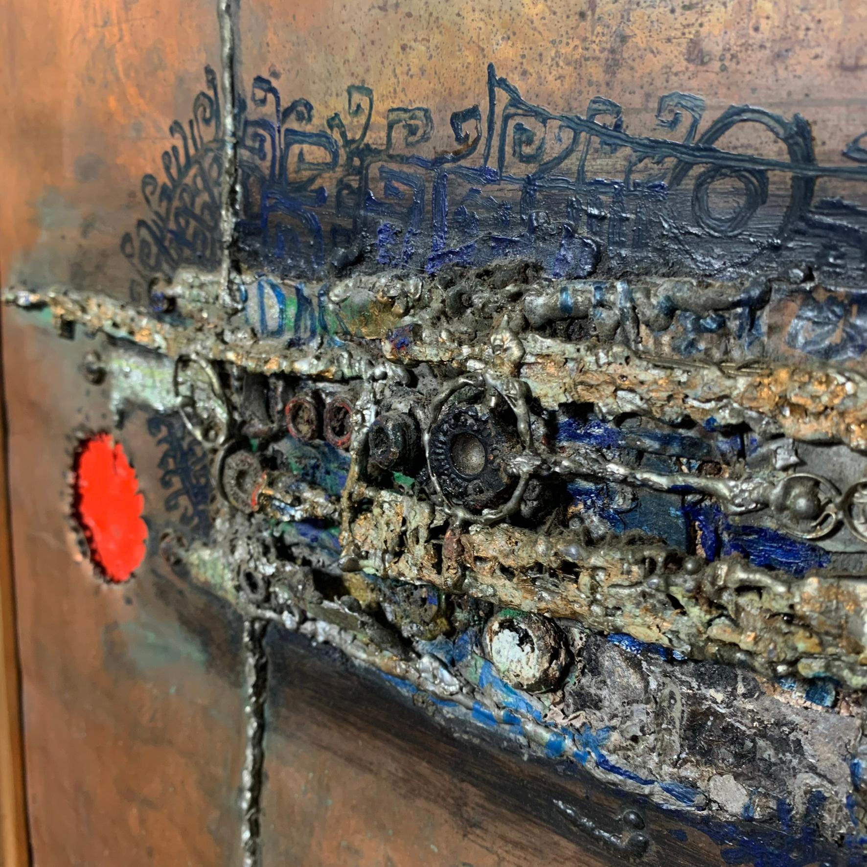 Brutalist Abstract Wall Mount Copper Sculpture by Lee Chau-Chin, d. 1970 In Good Condition In Peabody, MA
