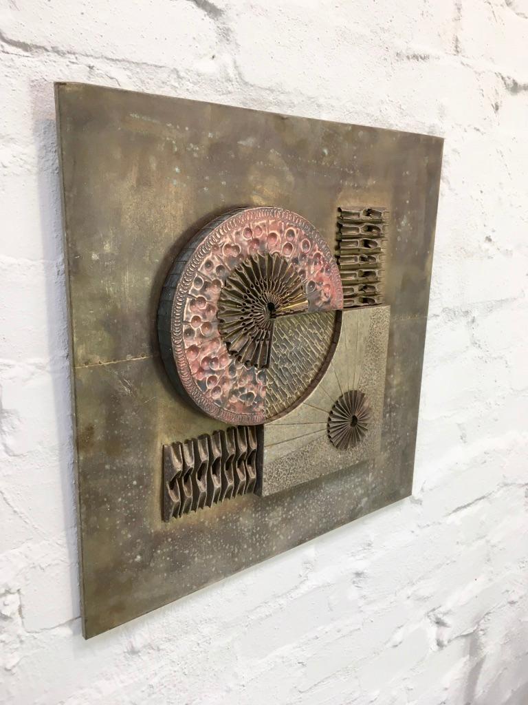 Appliqué Brutalist Abstract Wall Sculpture in Brass and Copper Stephen Chun, 1970s