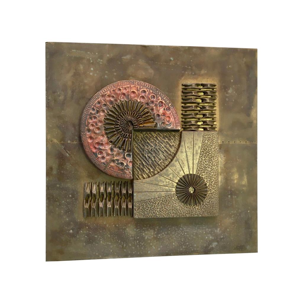 Brutalist Abstract Wall Sculpture in Brass and Copper Stephen Chun, 1970s