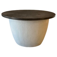 Vintage Brutalist Accent Coffee Table with Textured White Concrete Base and Wenge Top