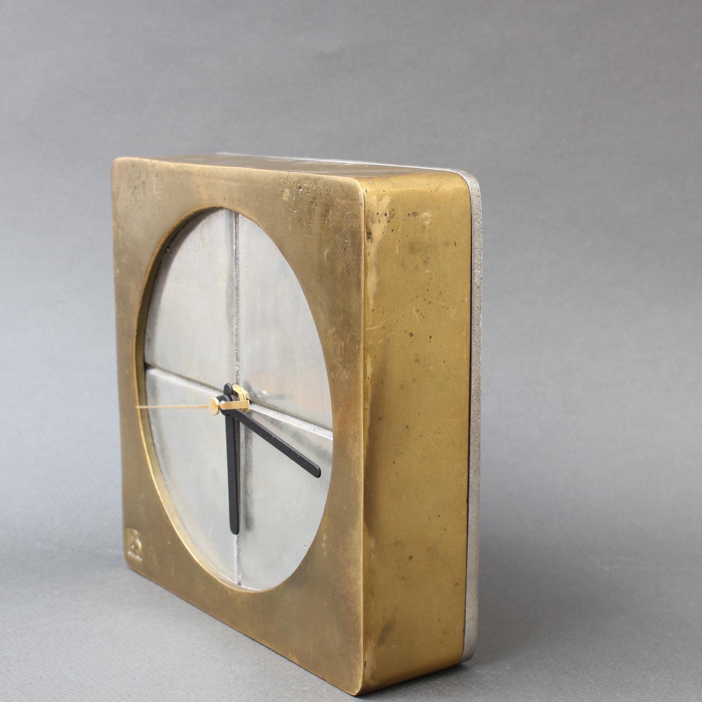 Spanish Brutalist Aluminium and Brass Decorative Clock by David Marshall, circa 1980s