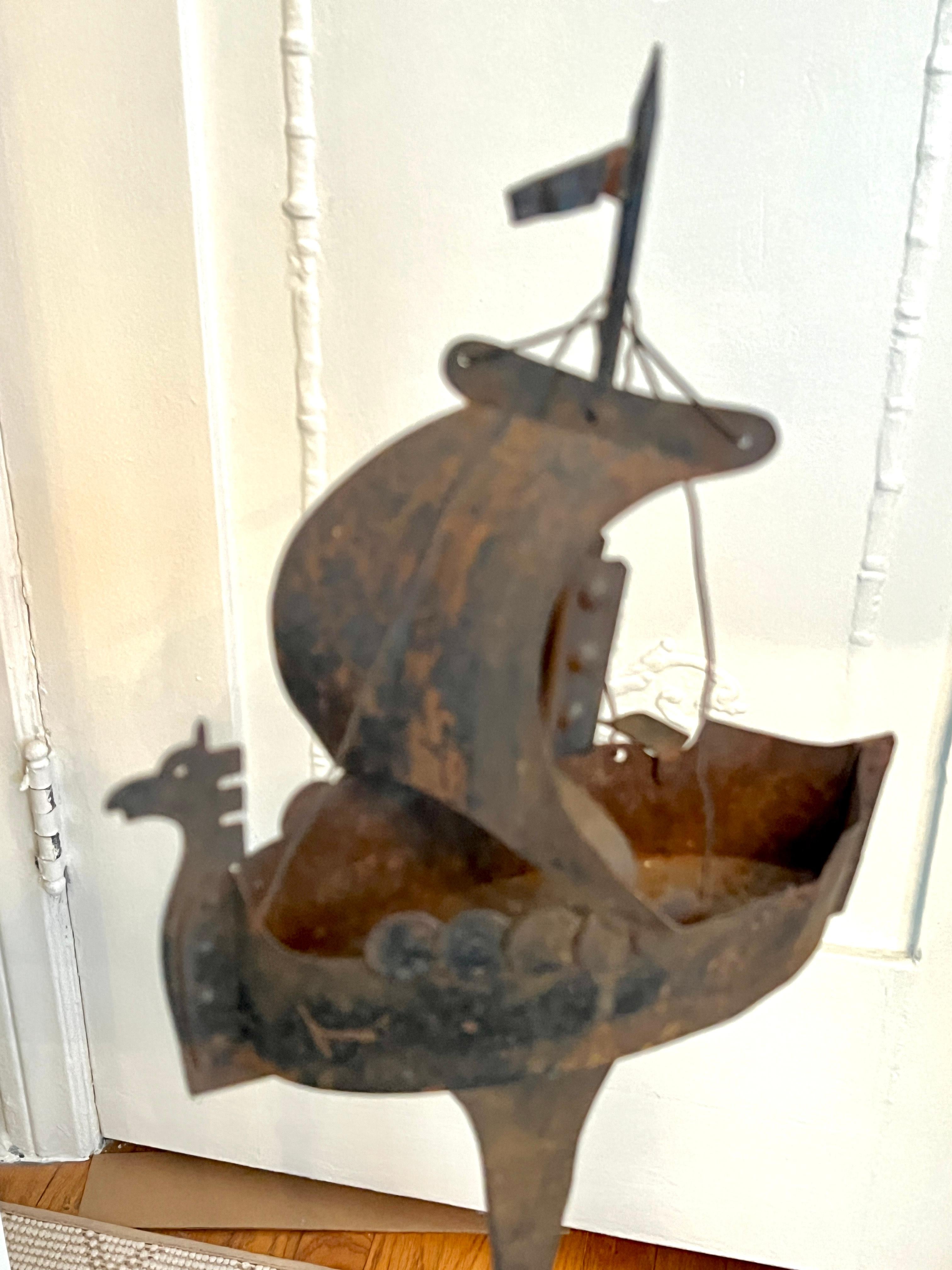Hand-Crafted Brutalist and Heavily Patinated Metal Viking Ship  420 Sculpture Ashtray For Sale