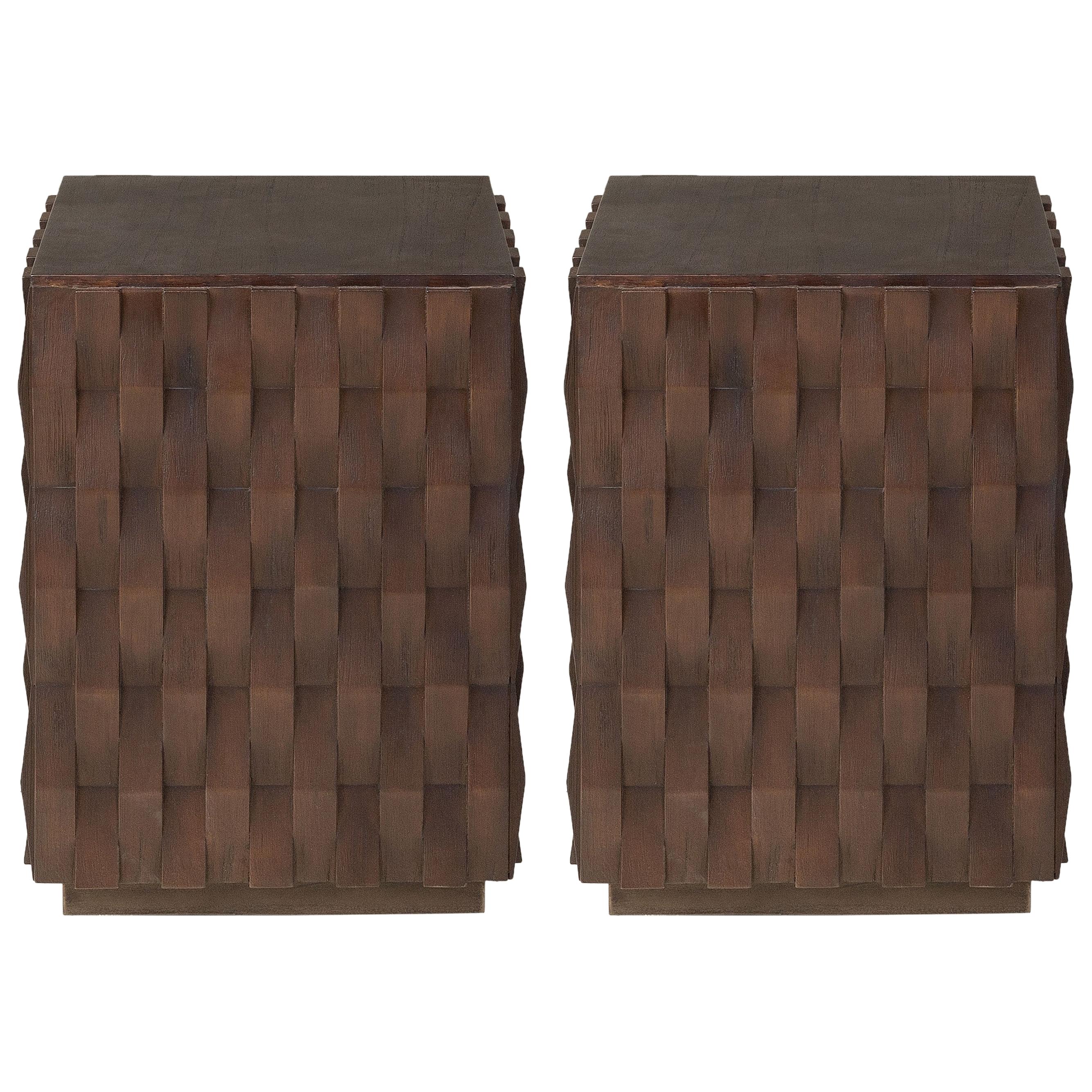 Brutalist and MCM Design Style Wooden Pair of Side Tables For Sale