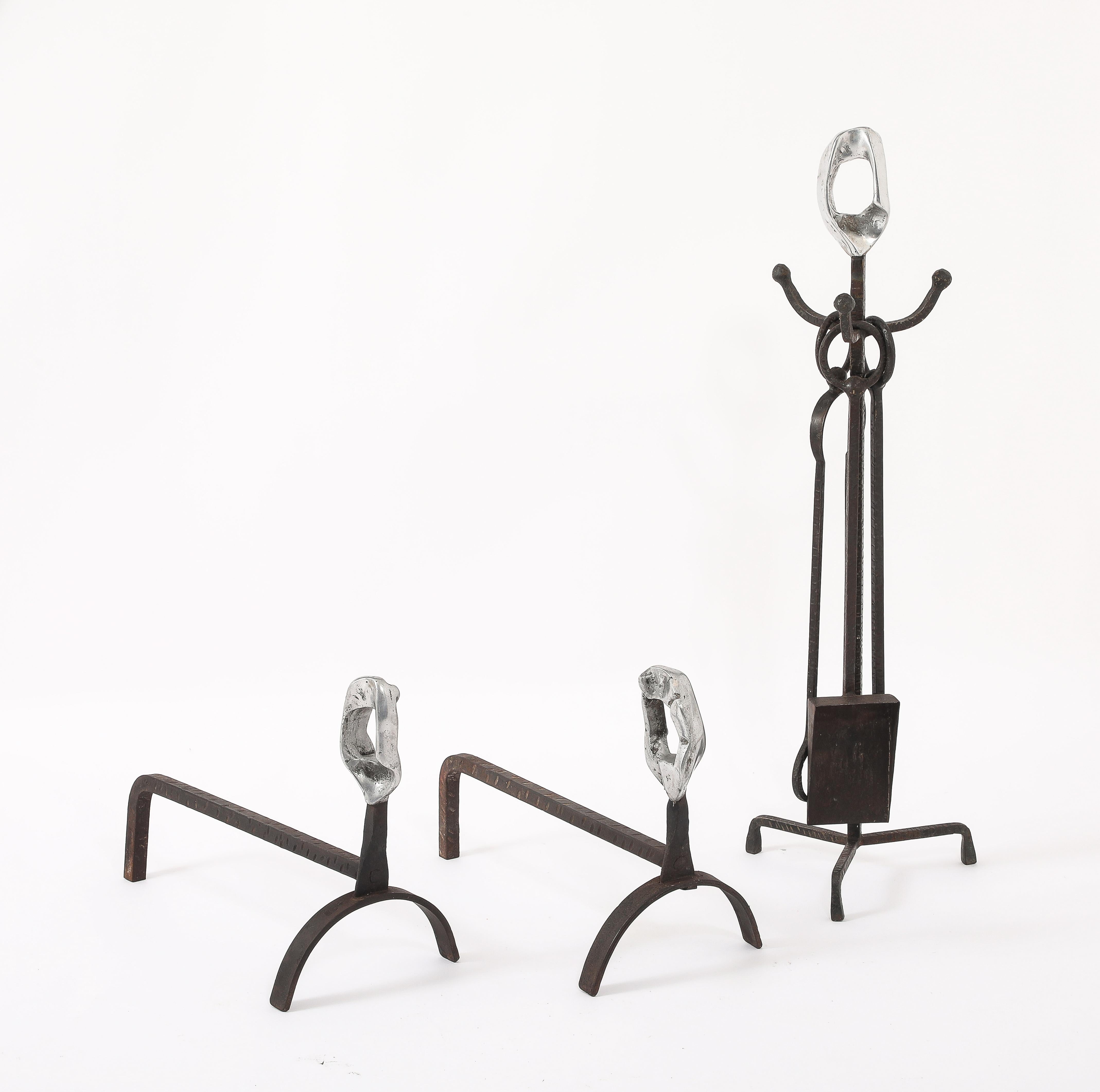 Brutalist Andirons & Tool Set, France 1960's For Sale 5