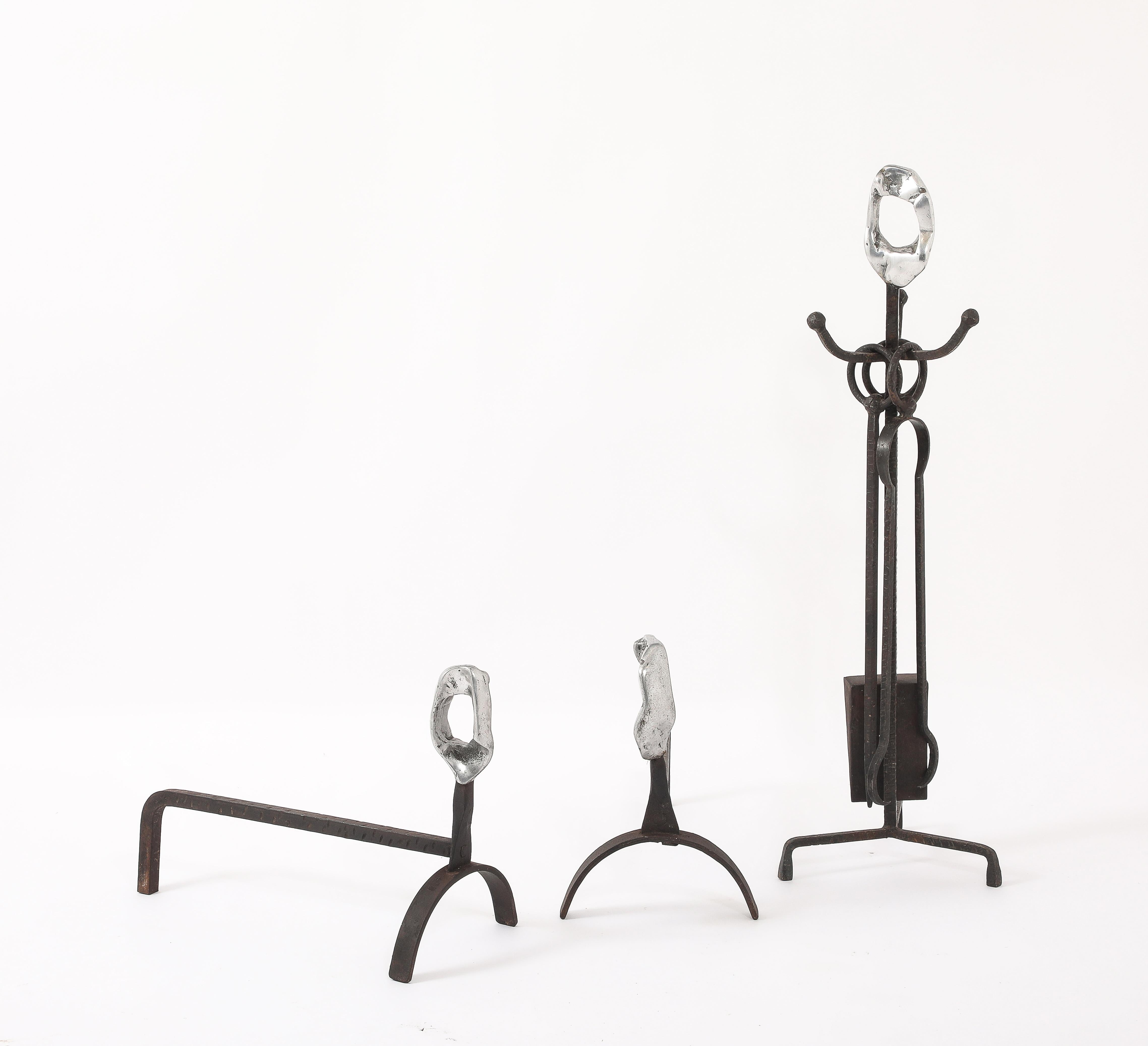 Brutalist Andirons & Tool Set, France 1960's For Sale 6