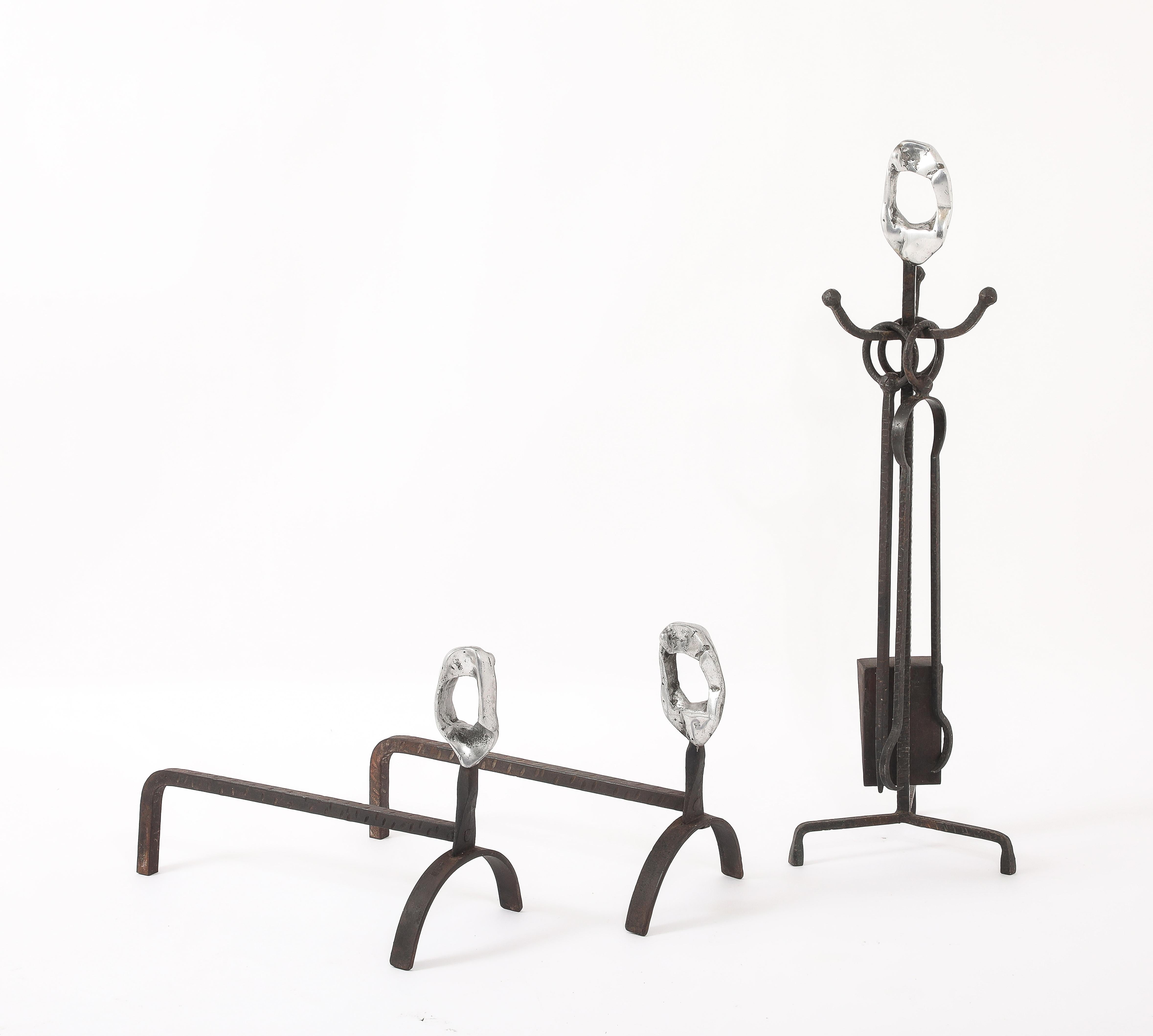 Brutalist Andirons & Tool Set, France 1960's For Sale 7