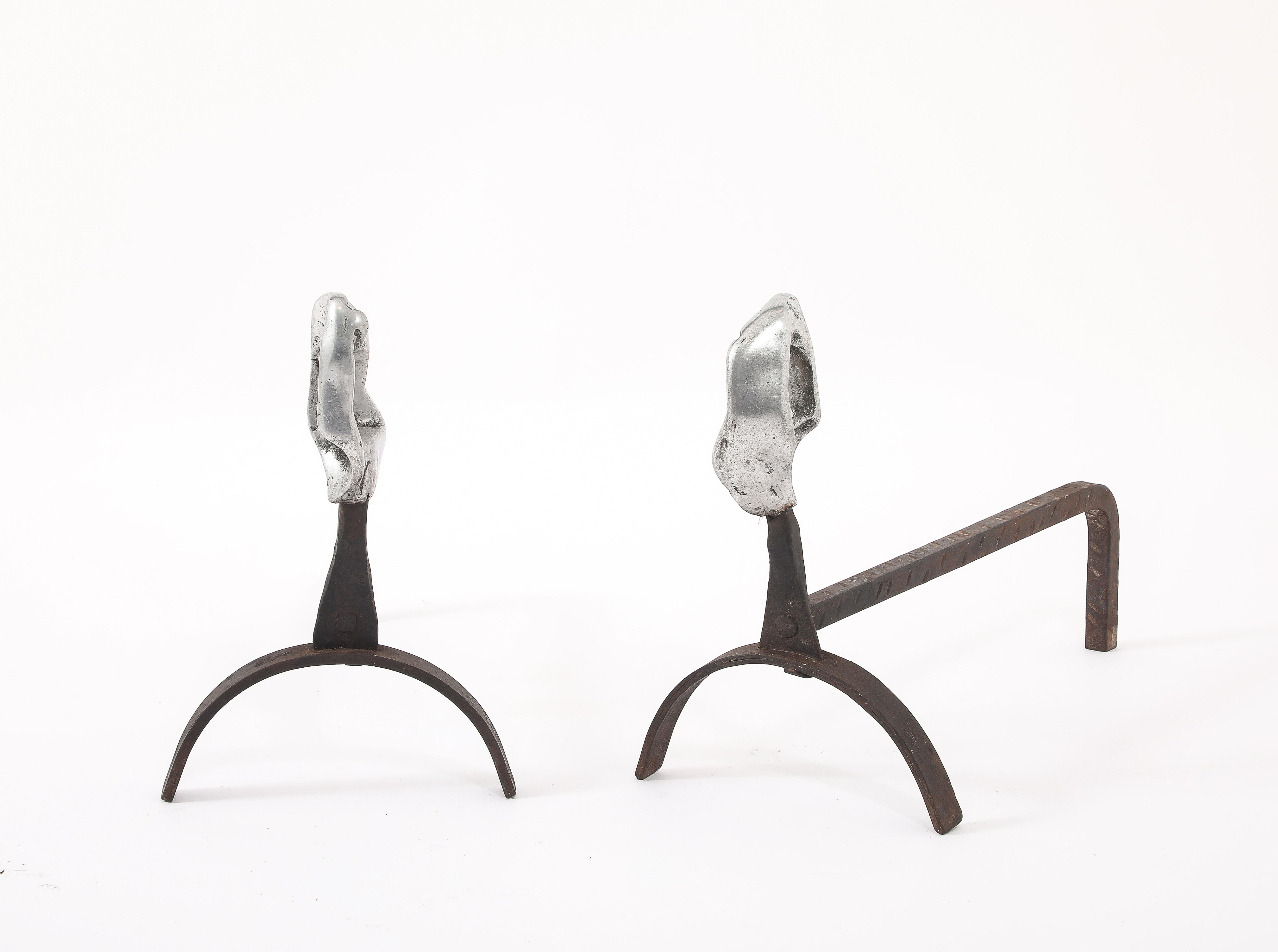 Mid-Century Modern Brutalist Andirons & Tool Set, France 1960's For Sale