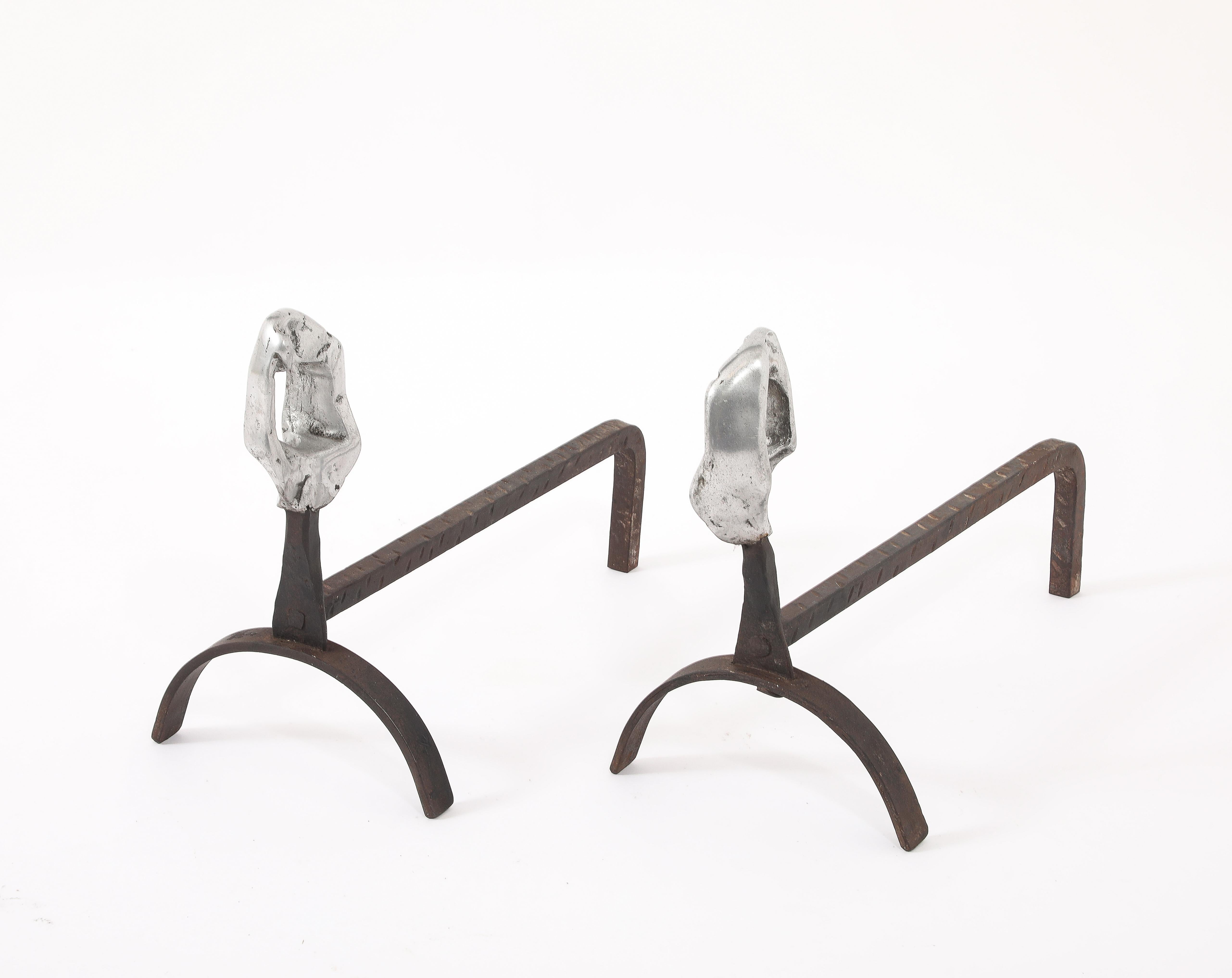 French Brutalist Andirons & Tool Set, France 1960's For Sale