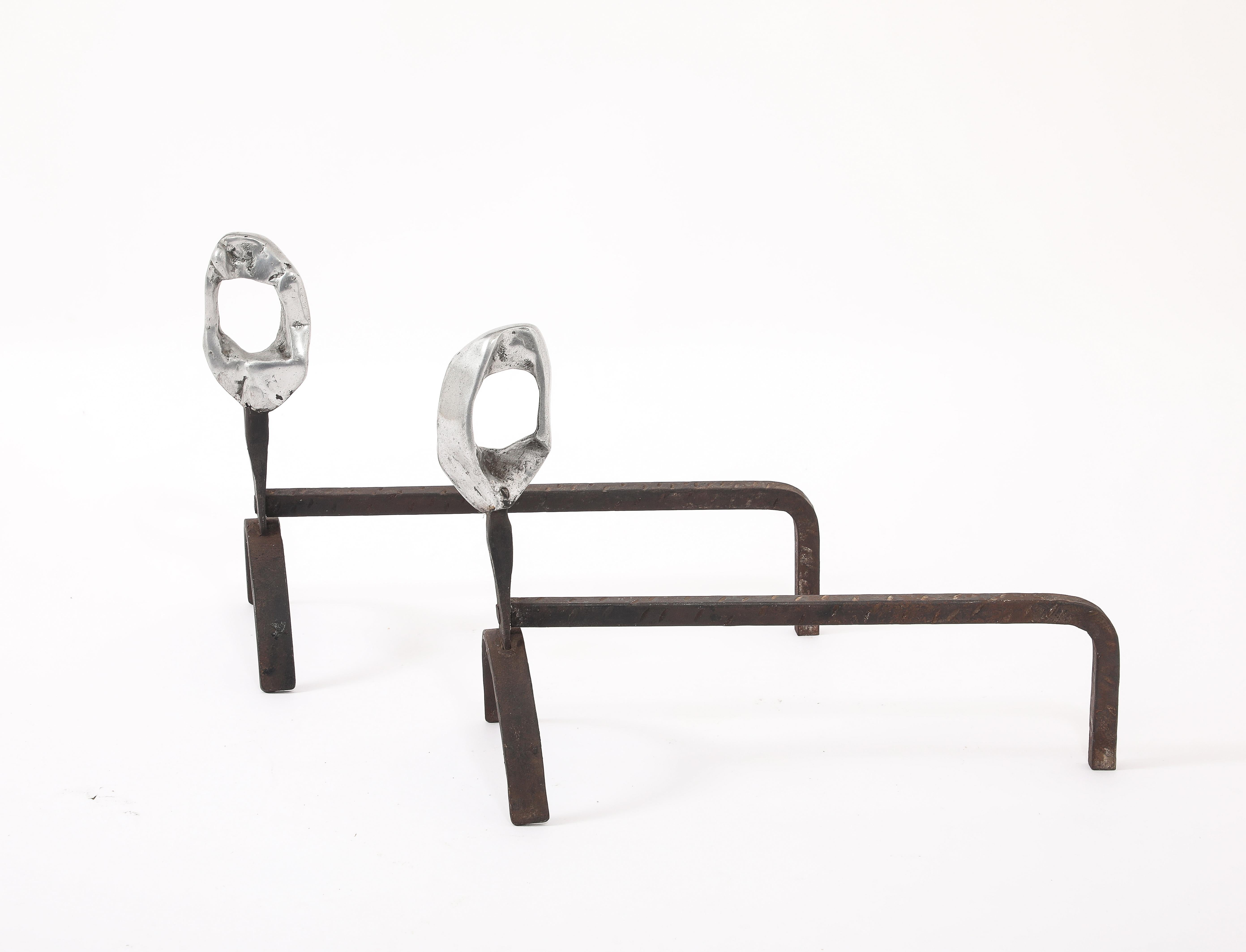 20th Century Brutalist Andirons & Tool Set, France 1960's For Sale