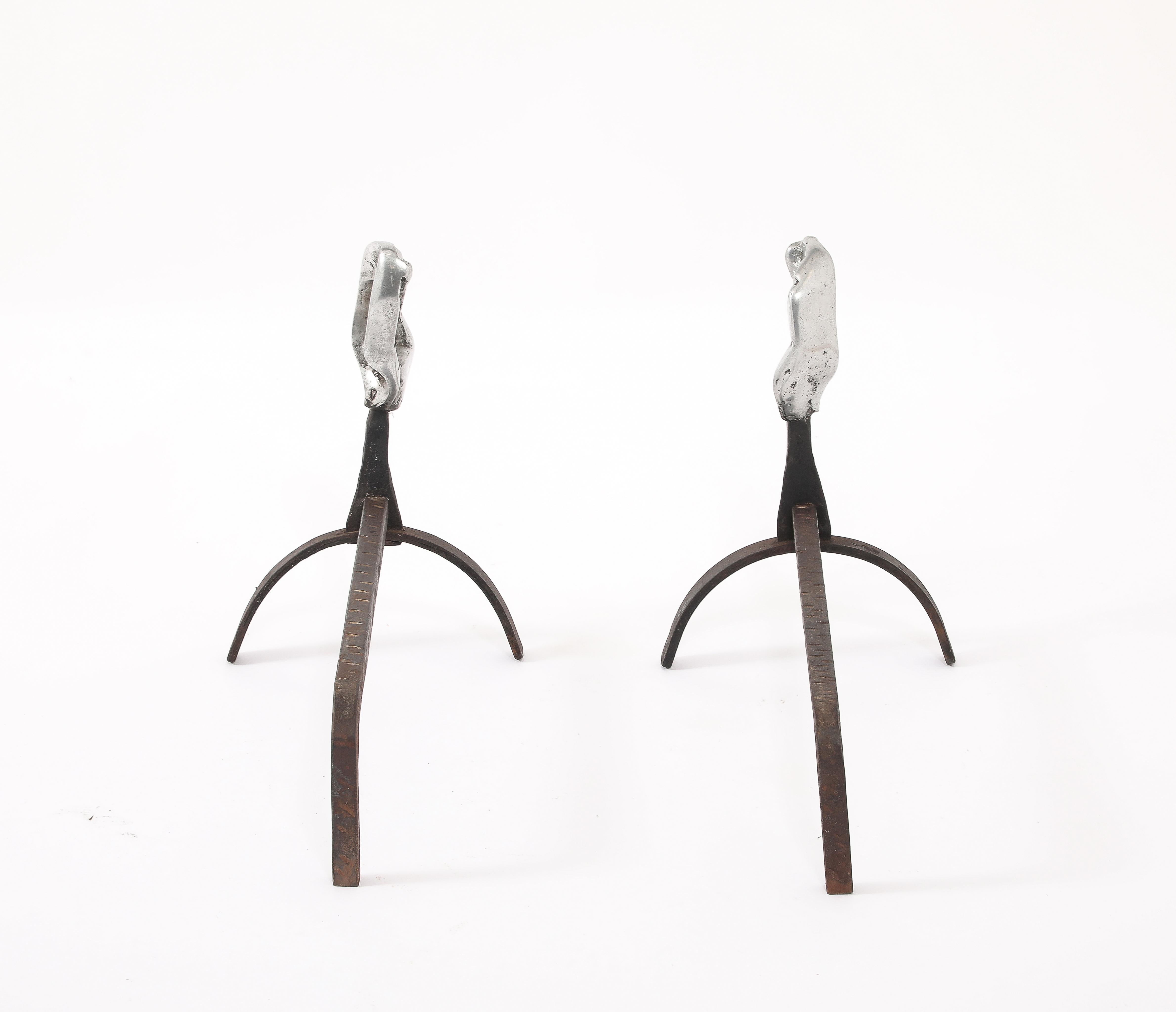 Aluminum Brutalist Andirons & Tool Set, France 1960's For Sale