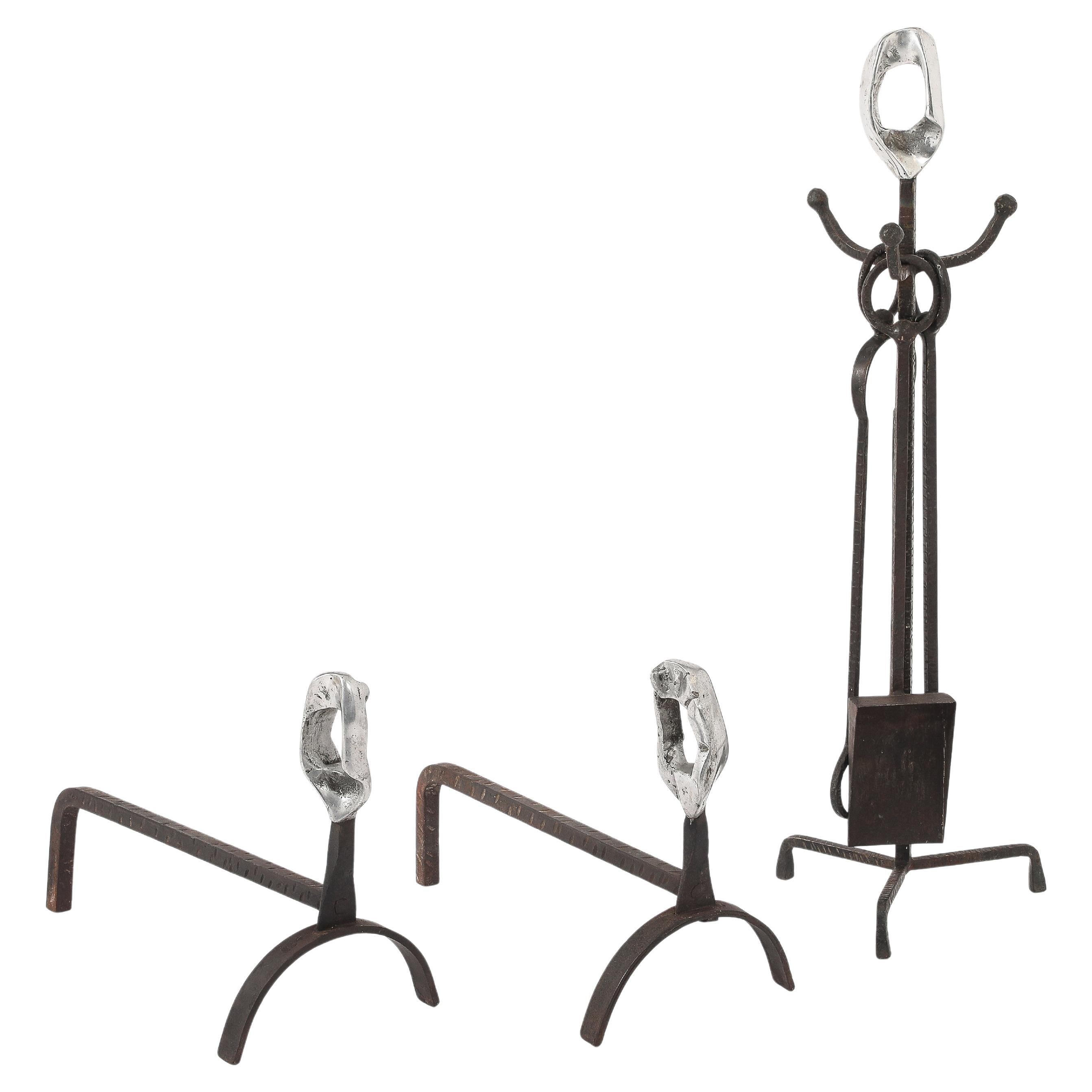 Brutalist Andirons & Tool Set, France 1960's For Sale