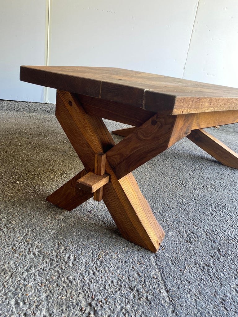 Mid-20th Century Brutalist Angular Oak Cocktail Table, France, 1950's For Sale