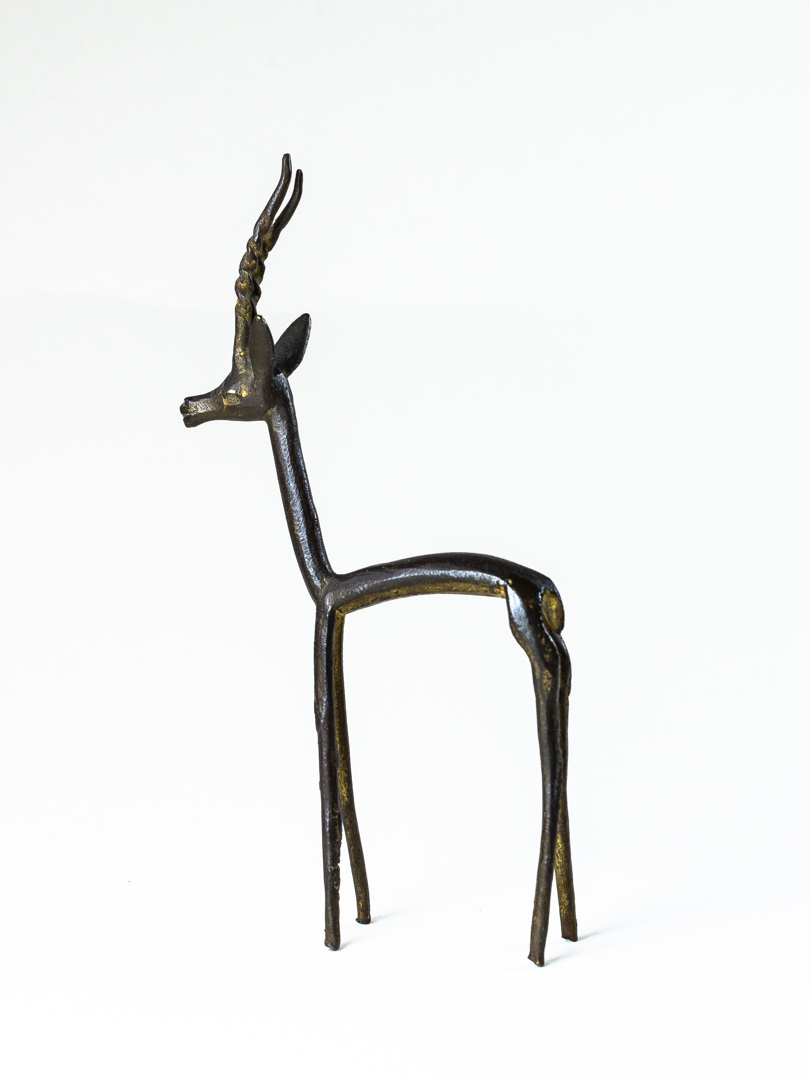 Mid-Century Modern Brutalist Antelope Sculpture, Zoomorphic Figurine, Steel and Gold, 1960s For Sale