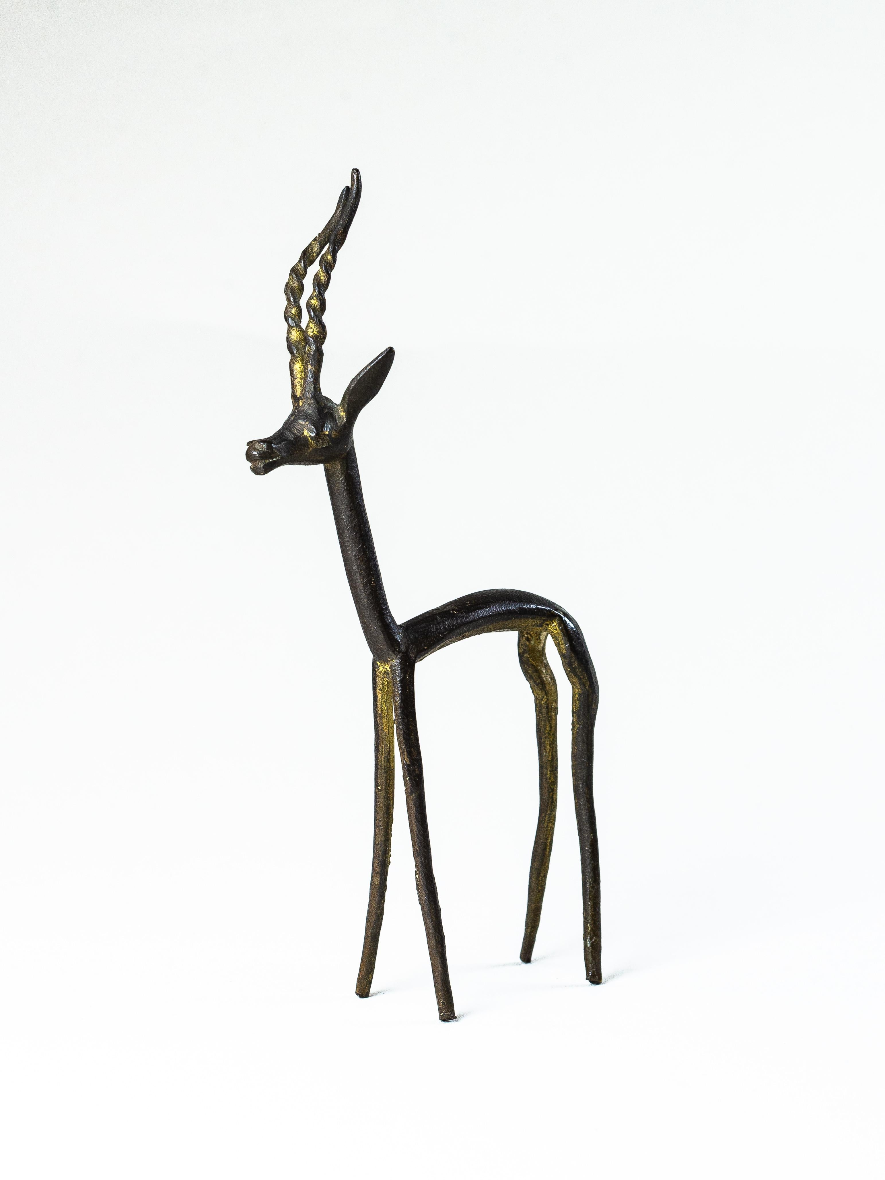 French Brutalist Antelope Sculpture, Zoomorphic Figurine, Steel and Gold, 1960s For Sale