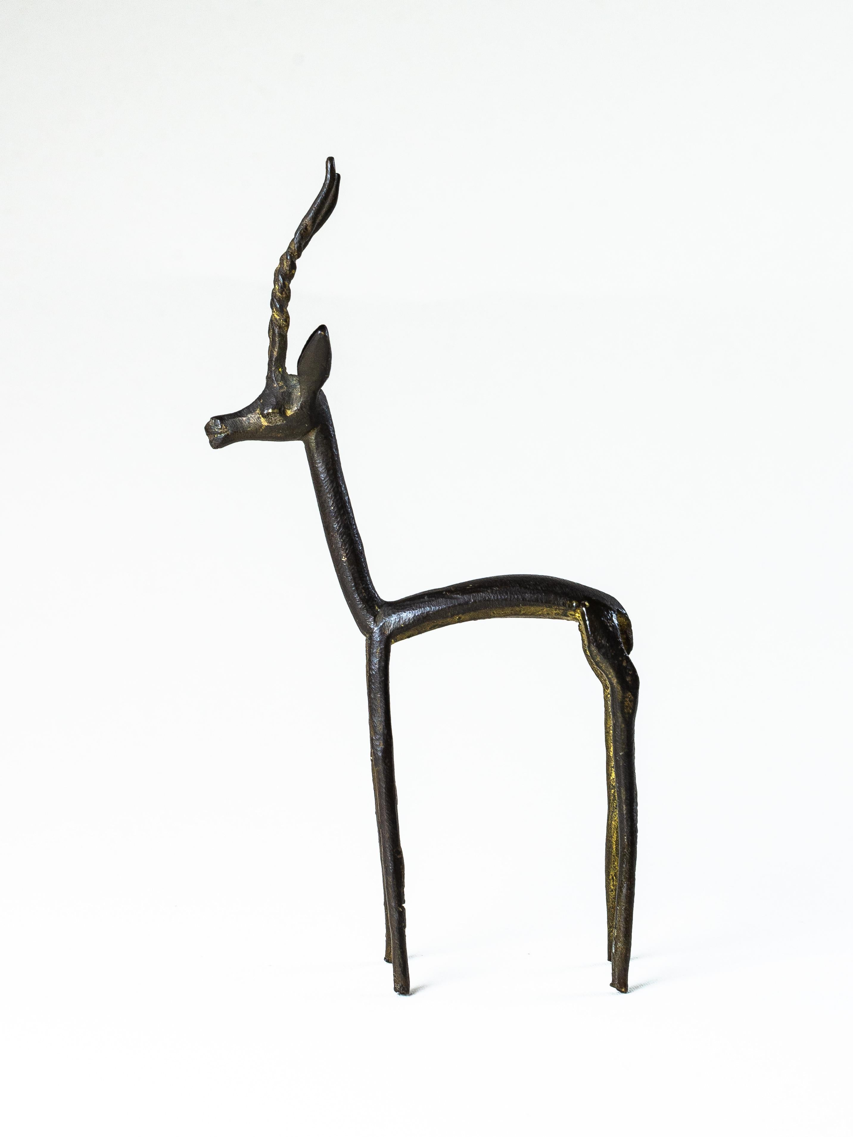 Carved Brutalist Antelope Sculpture, Zoomorphic Figurine, Steel and Gold, 1960s For Sale