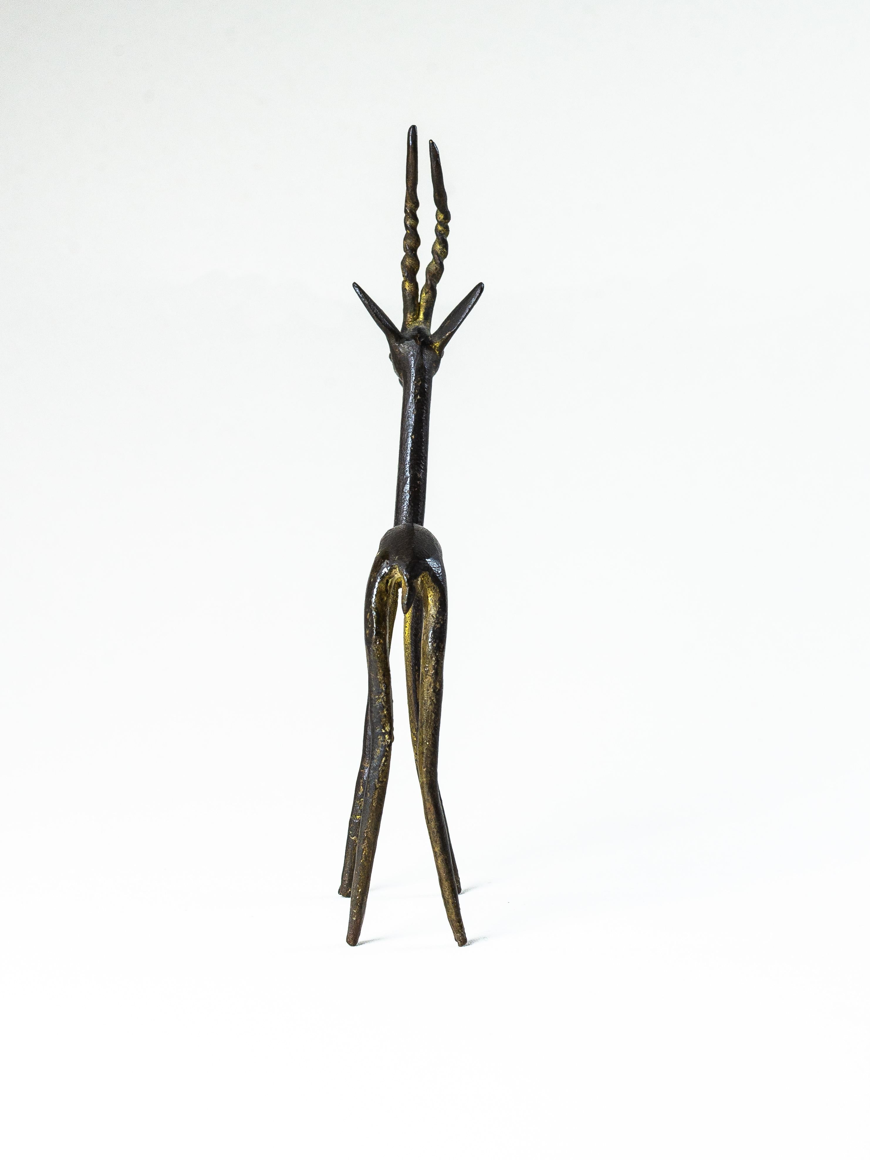 20th Century Brutalist Antelope Sculpture, Zoomorphic Figurine, Steel and Gold, 1960s For Sale