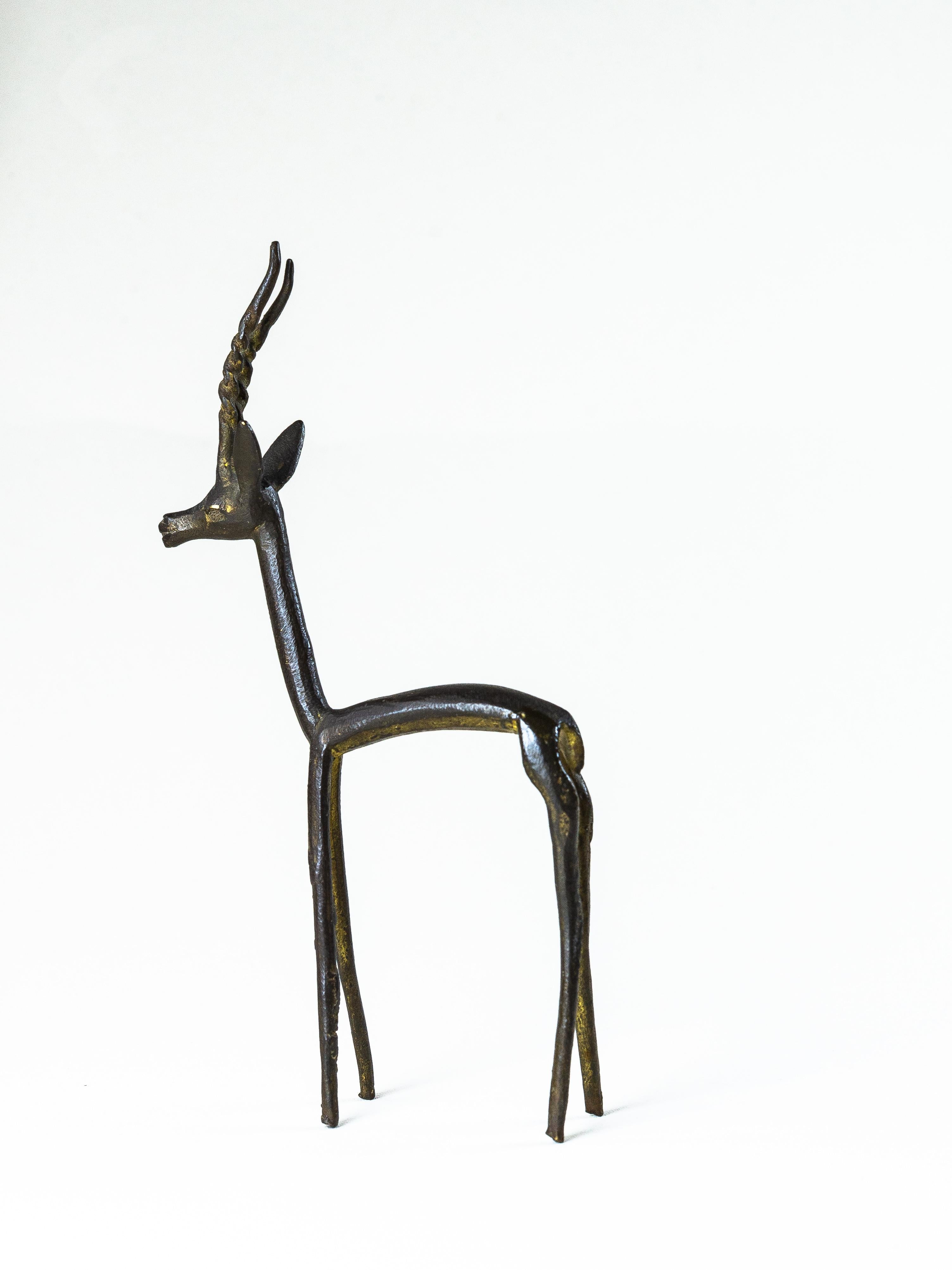 Brutalist Antelope Sculpture, Zoomorphic Figurine, Steel and Gold, 1960s For Sale 1
