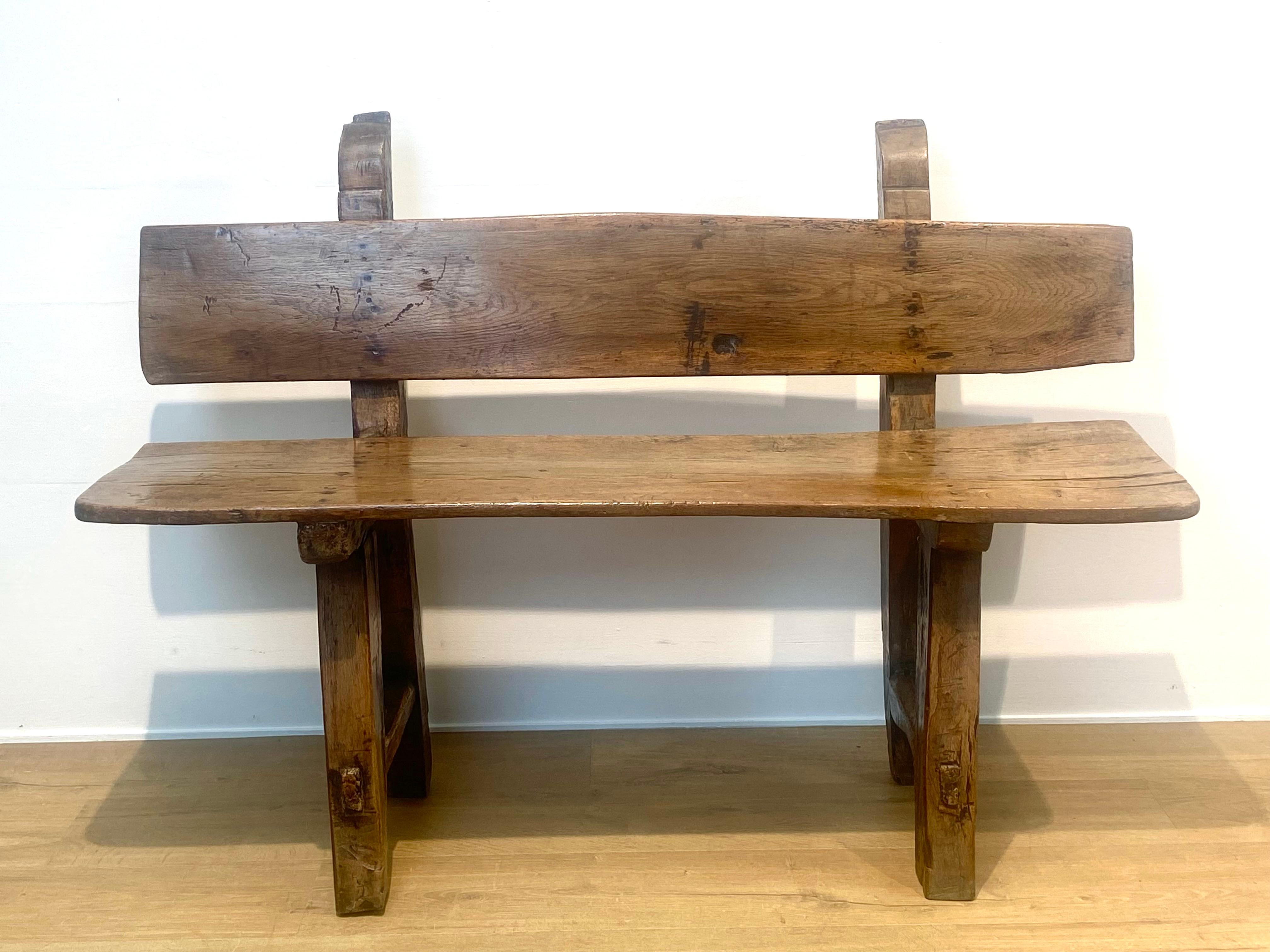 Fruitwood Brutalist , antique Spanish Bench For Sale