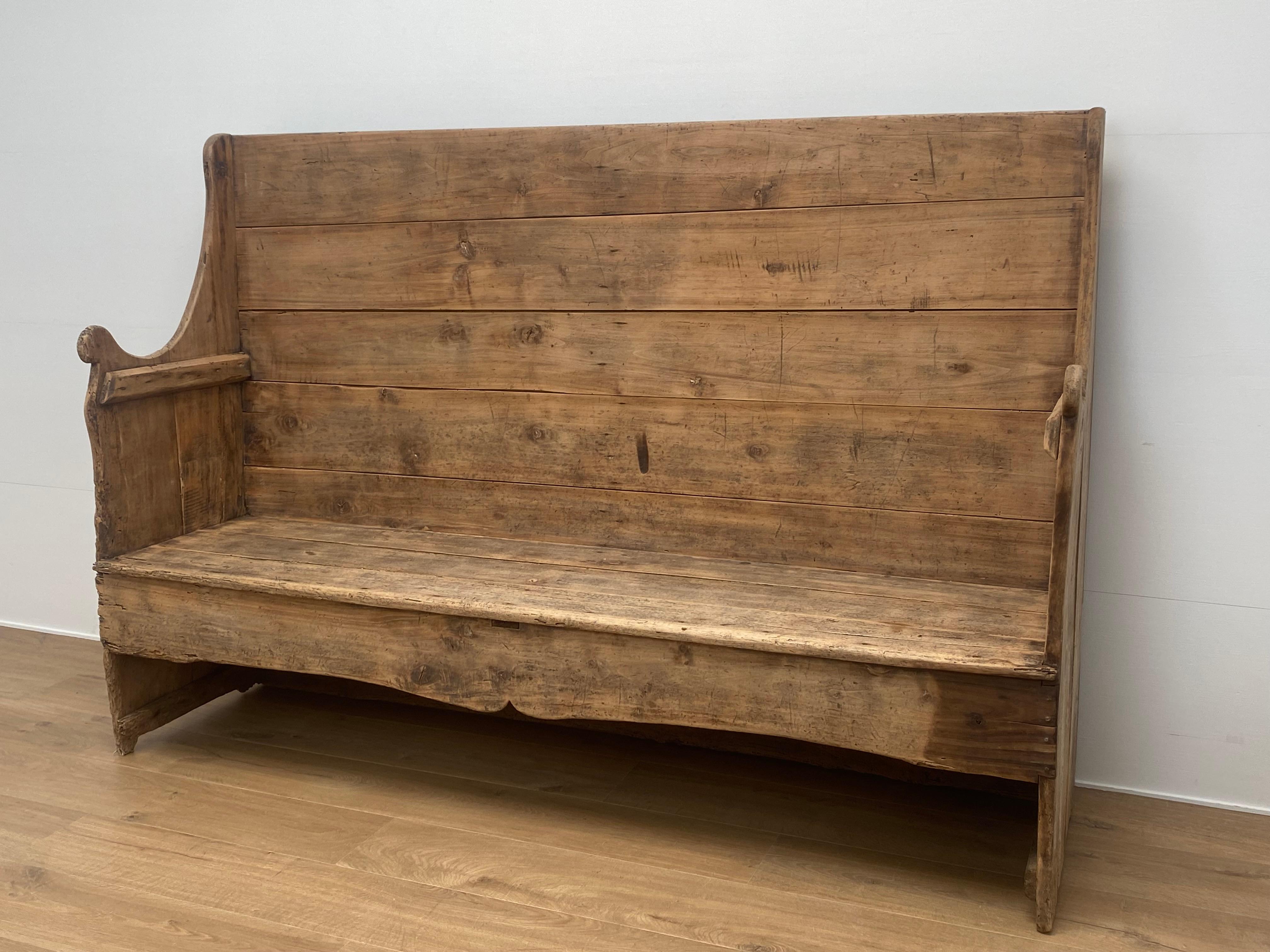 An elegant,Brutalist Spanish bench from the Catalan Region,from around 1890,
the bench has a good, old patina and shine of the Bleached Chestnut,
the bench is fully restored,
to be used for different purposes, kitchen , entrance hall etc