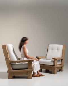 Brutalist Armchair in Cream Wood and Fabric, French Design, 1970s